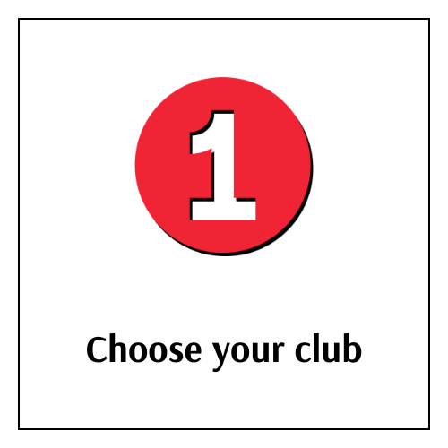 Circular red icon with the number one in white, and text below that reads "choose your club".