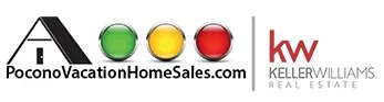 Logo for PoconoVacationHomeSales.com with a mountain, green, yellow, and red circles, and Keller Williams Realty logo.