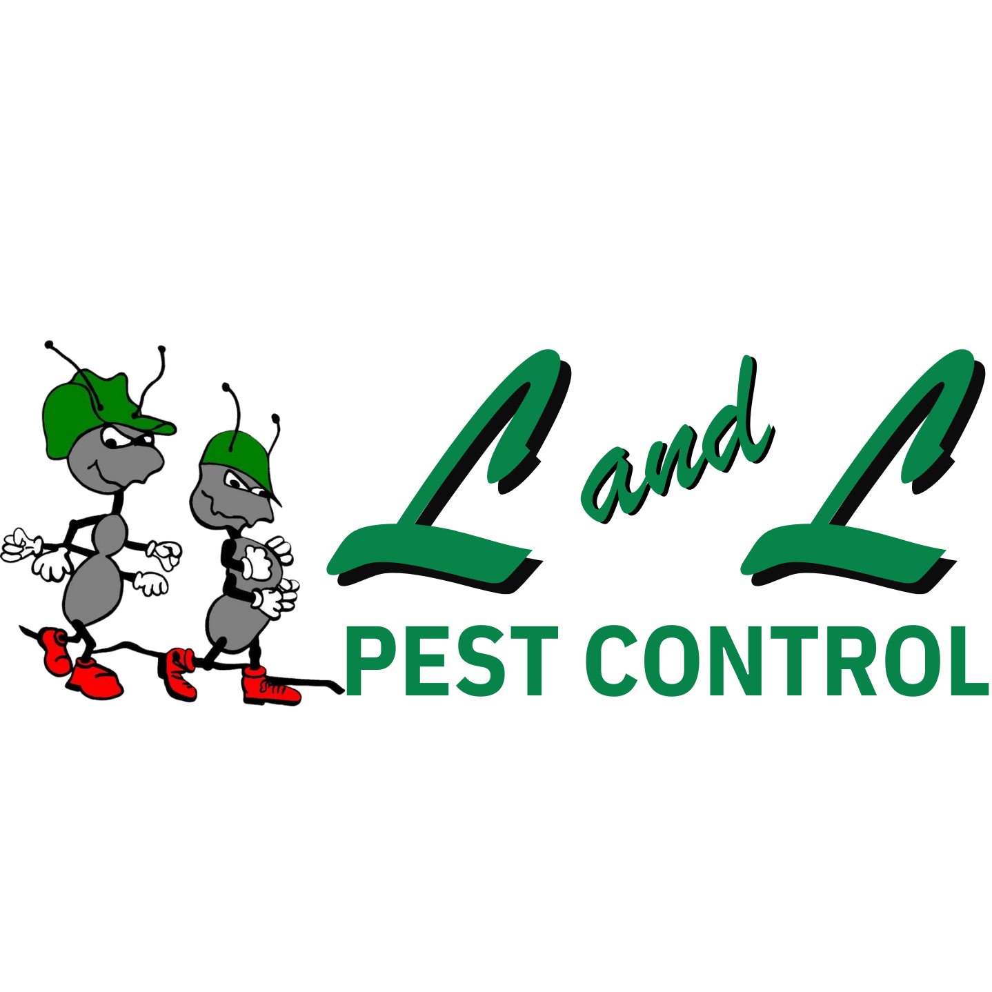 Two cartoon ants wearing green caps and red shoes walking past a green object with the word 'Royal' written on it.