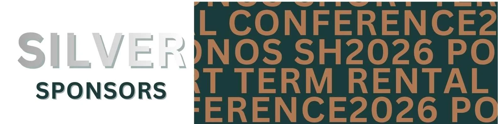 Image showing a logo for an event with the words "Silver Sponsors" on the left and a background pattern with the words "conference, rental, 2026" on the right.
