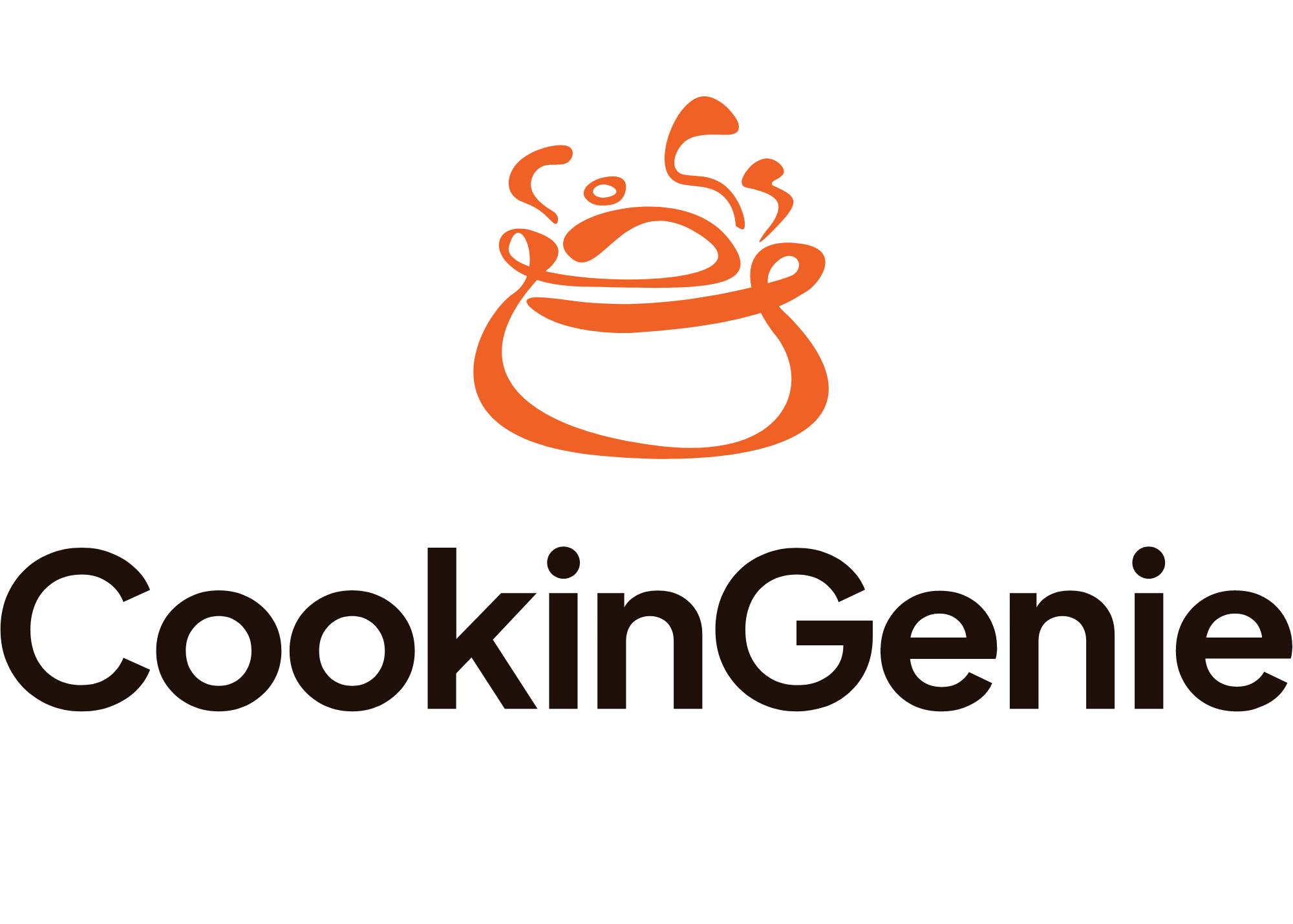 Logo for CookingGenie featuring a simple line drawing of a steaming pot in orange and the text 'CookingGenie' in black.