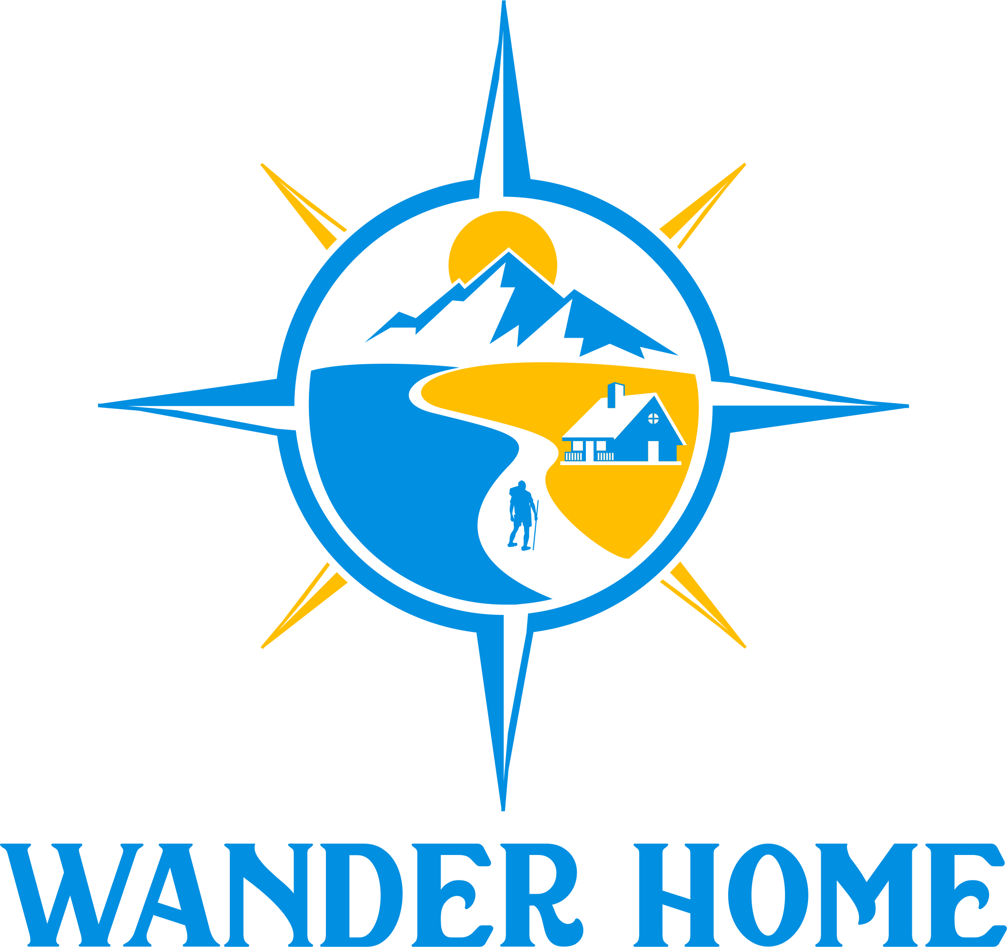 A logo with a blue and yellow compass design featuring a mountain, the sun, a river, a house, and a hiker silhouette, with the text 'Wander Home' below.