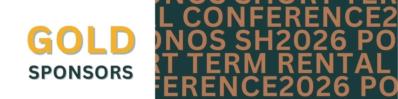 Sponsorship slide for a conference, with the word 'GOLD' in large yellow letters, the word 'SPONSORS' beneath it, and a patterned background with repeated text including 'CONFERENCE2026'.