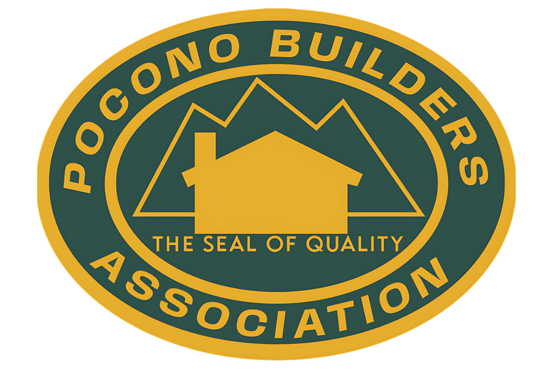 Pooneo Builders logo featuring a house silhouette and mountain outline, with the slogan "The Seal of Quality," surrounded by a yellow and green circular border that reads "Pooneo Builders Association."