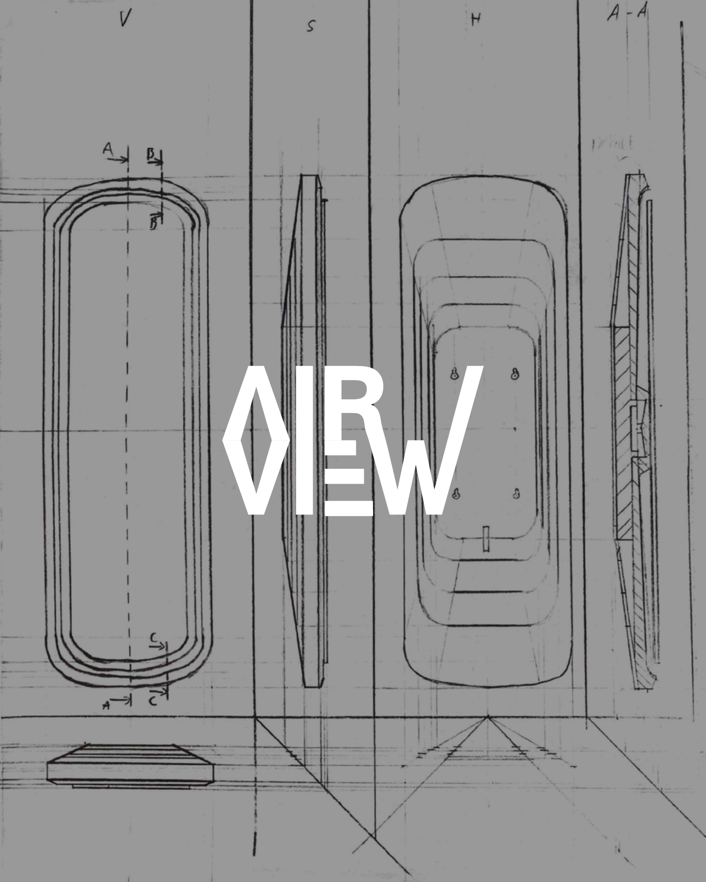 Technical blueprint design with a layered structure, featuring the word 'VIEW' in bold, stylized letters overlapping the drawing.