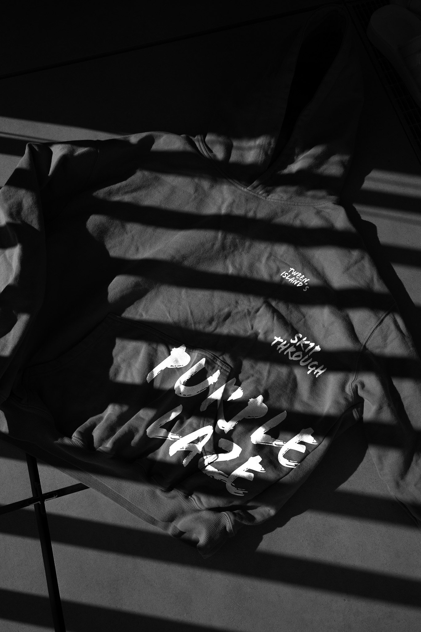 Black and white image of a hooded sweatshirt with text 'Punk Laze' and 'Skip Through' in sunlight and shadow.