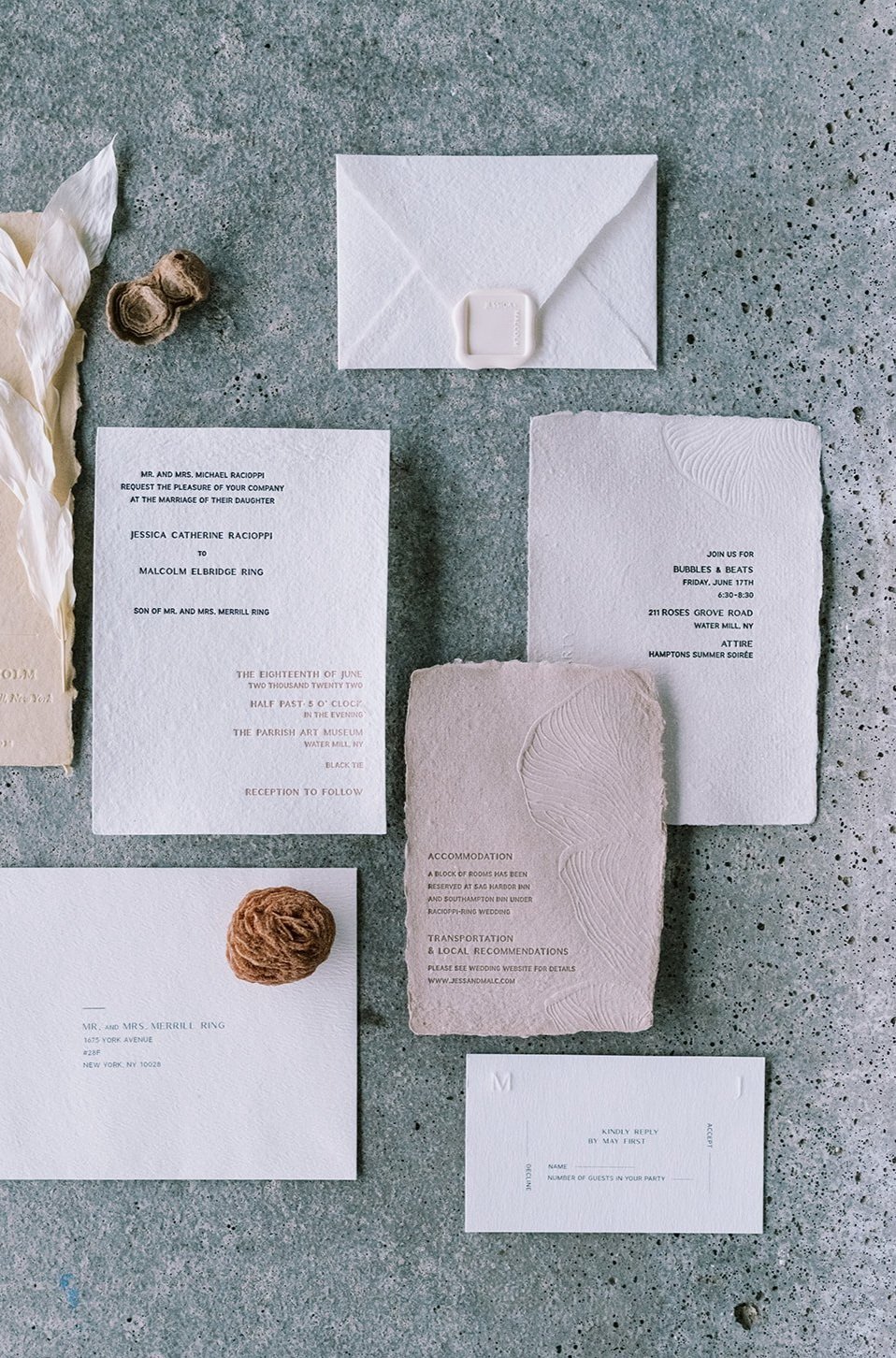Papier June wedding invitations flat lay, letterpress printing on handmade paper, neutral and minimal wedding stationery