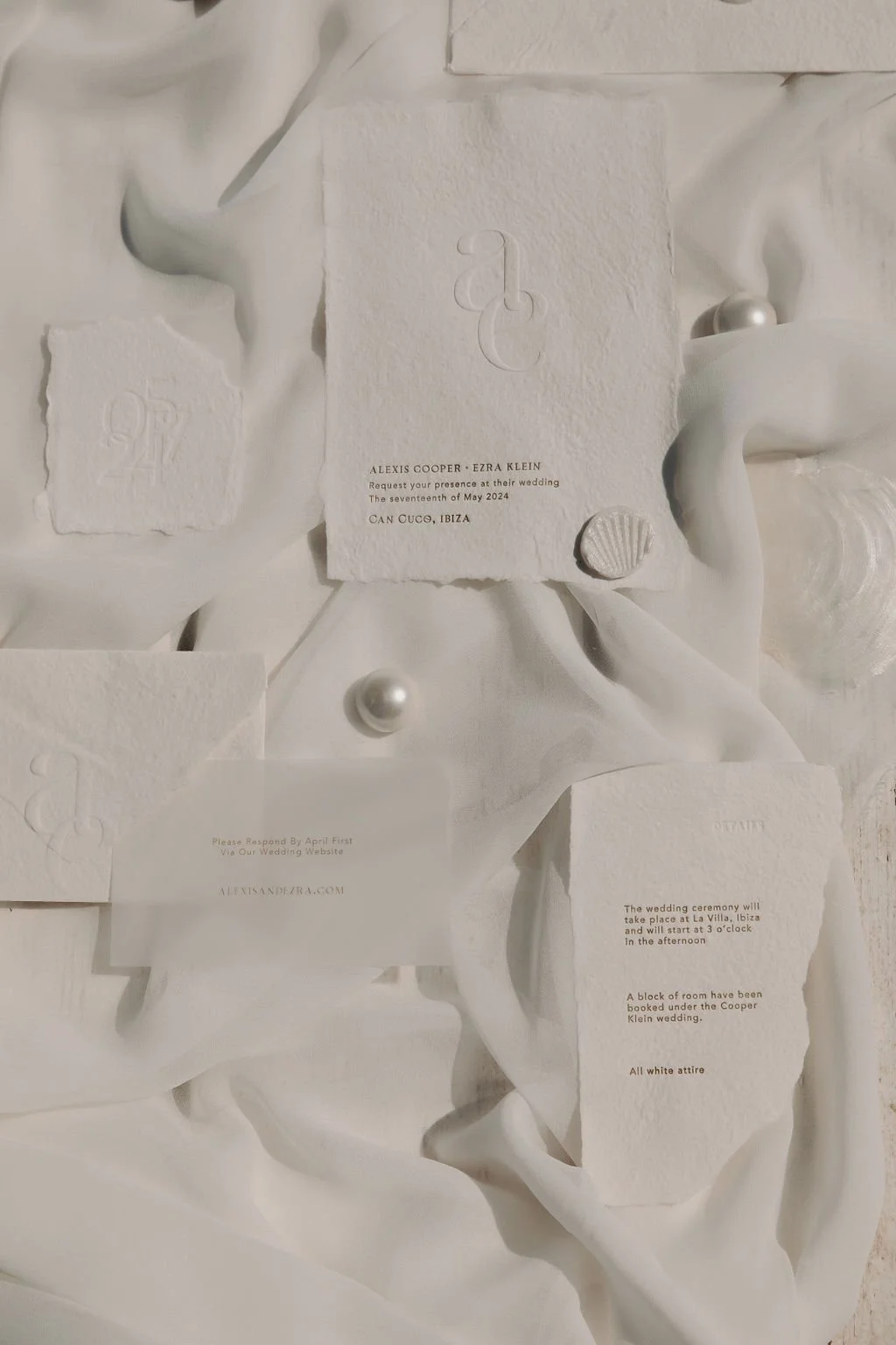 Papier June the serene suite, semi-custom wedding invitations, coastal-inspired wedding, letterpress on handmade paper, monochromatic, deckled egdes paper invitations, seashell wax seal