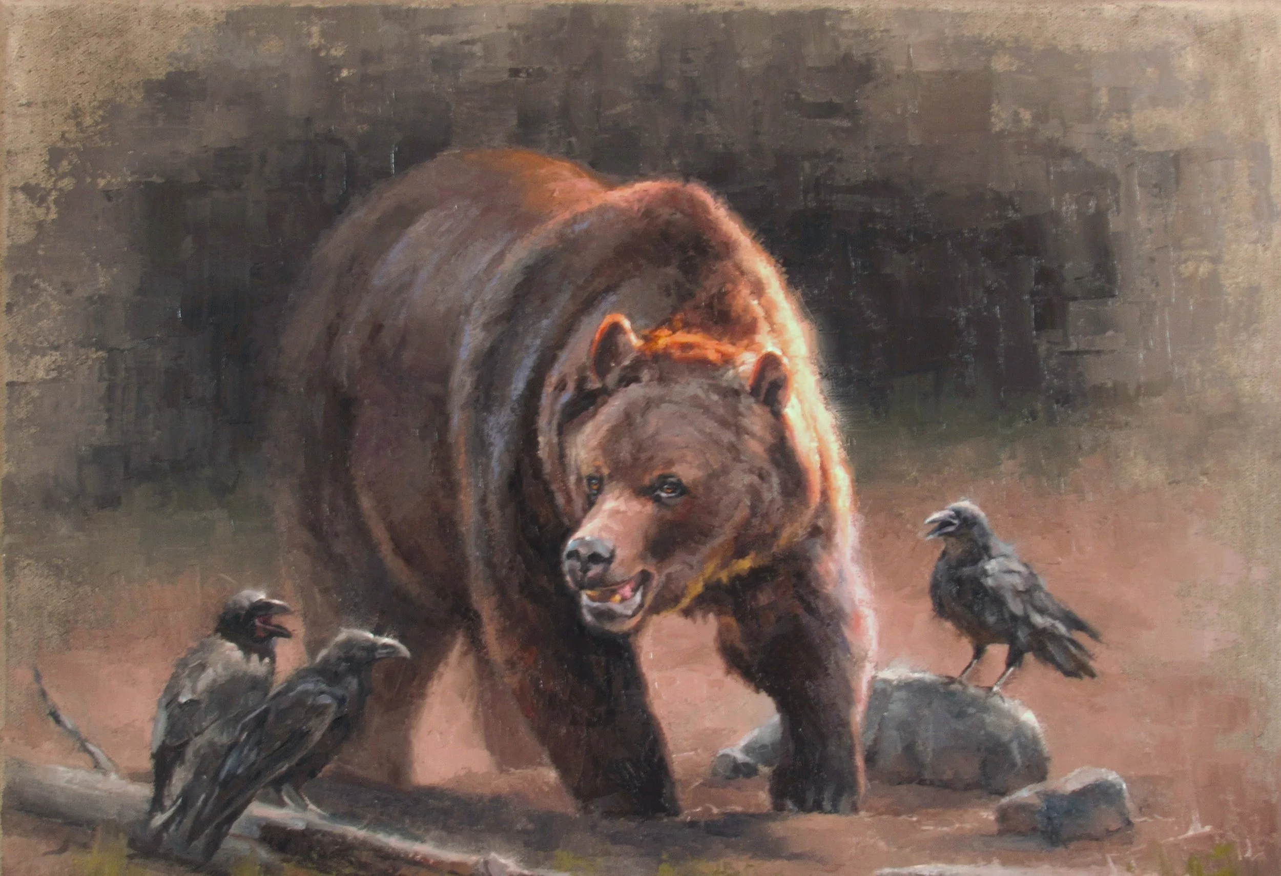 Territorial Dispute, grizzly bear and ravens 16x20.jpg