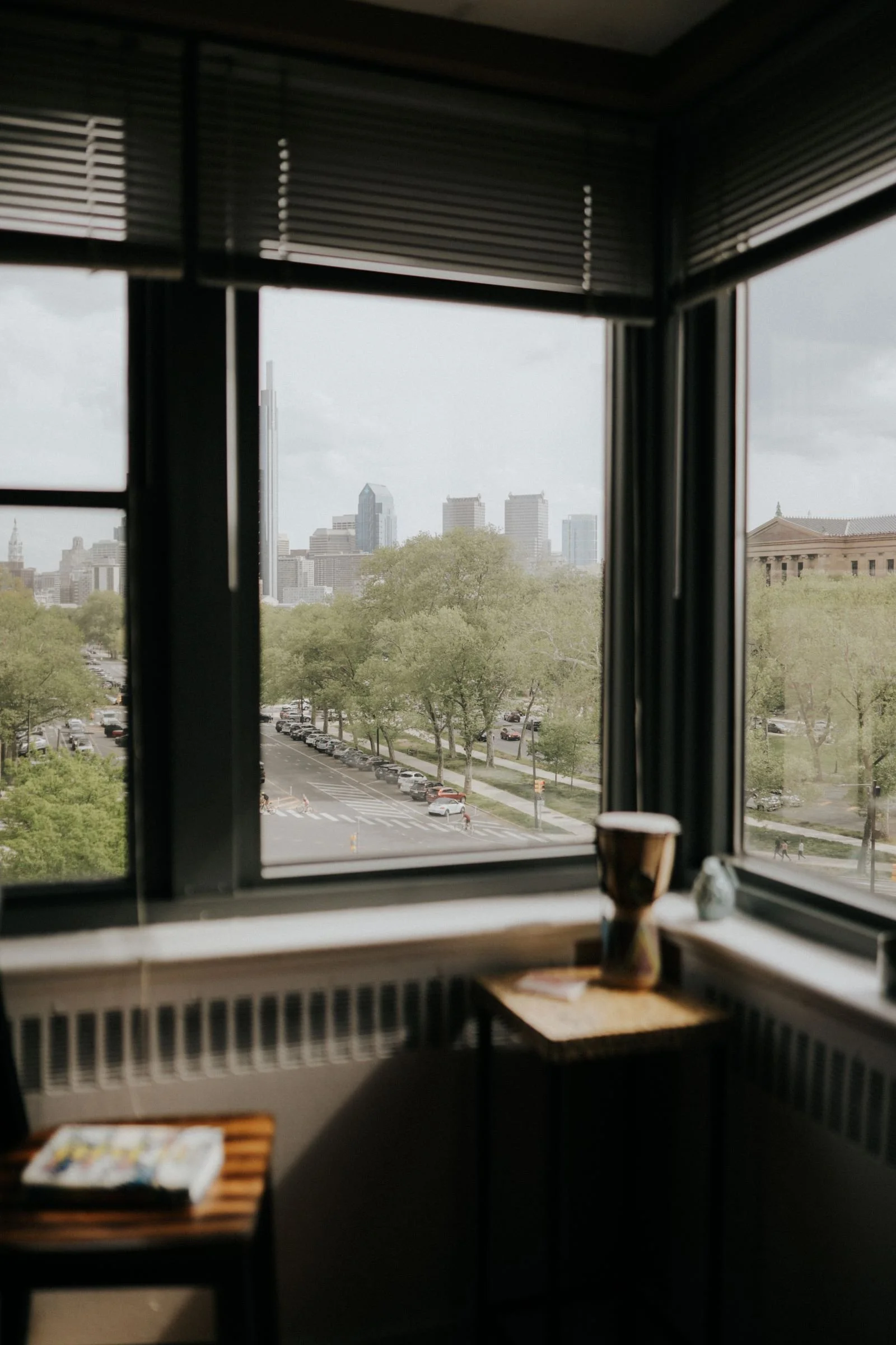 A view of the Philadelphia skyline and the museum of art from a fifth story apartment window in Fairmount.