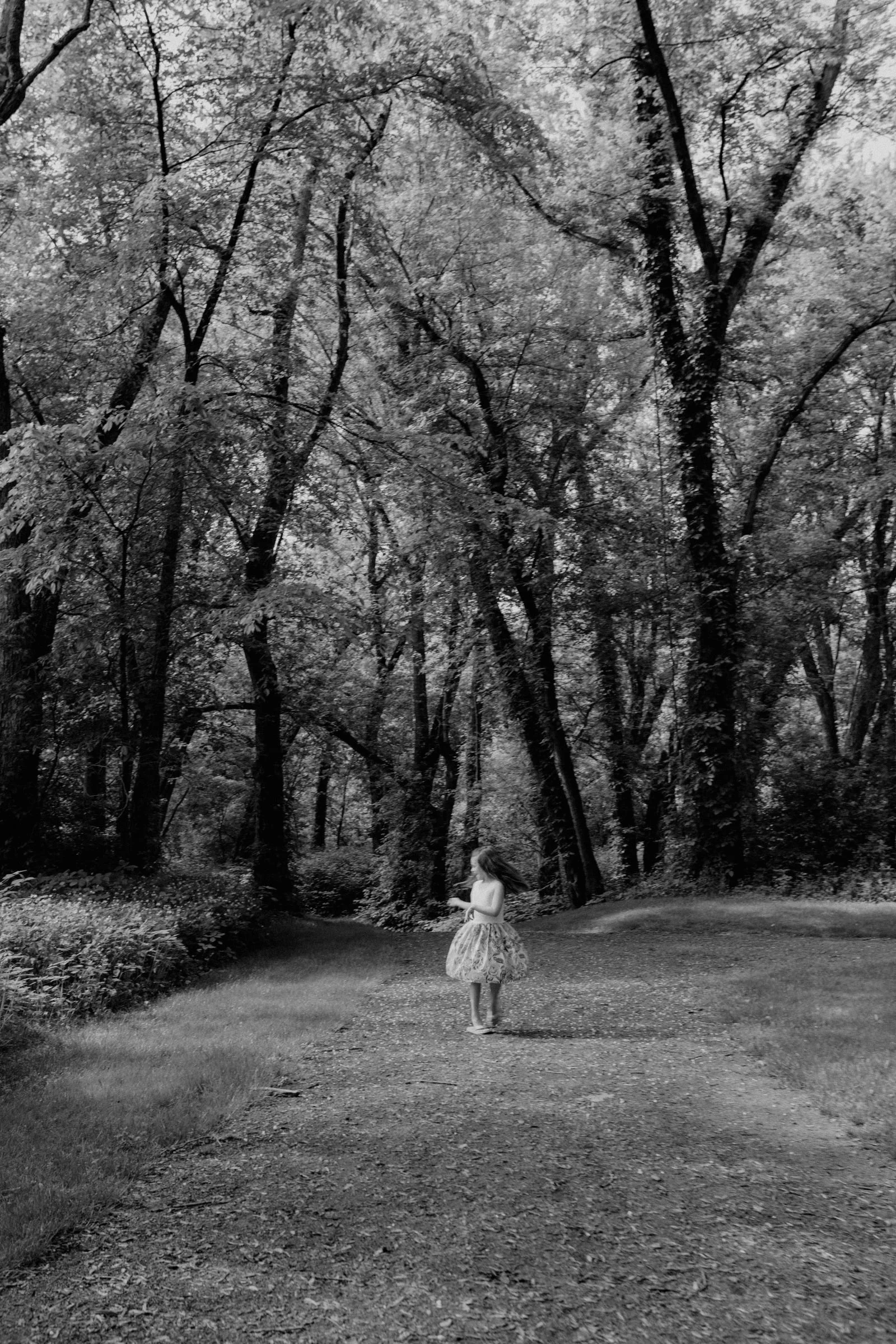 A little girl in a flowered dress, dancing down a path in the woods in Riverfront Park, Montoursville, PA.