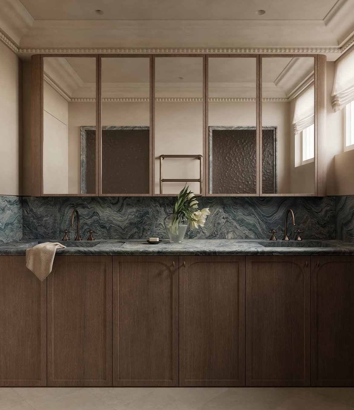 What&rsquo;s your favorite part of this bathroom? I&rsquo;m between the cornices and the stone🤌🏼🤌🏼🤌🏼

Design by - @_studiojos 

Visuals by - @noasrender