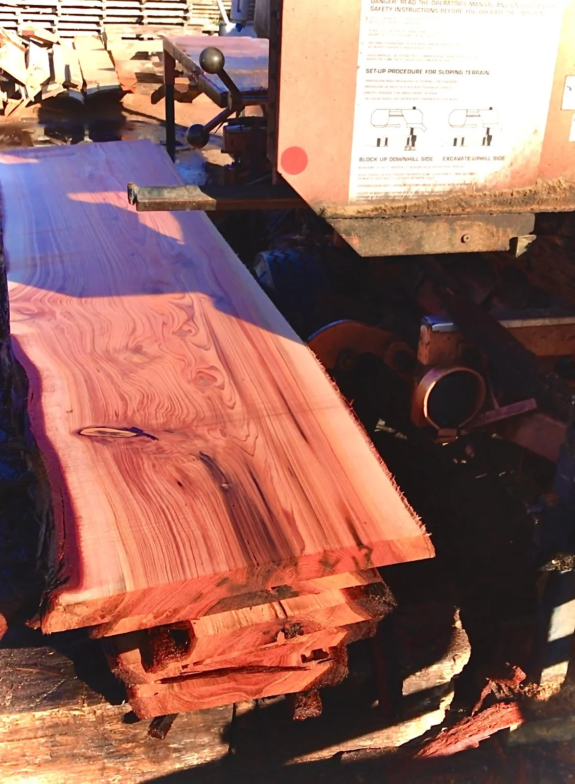 Redwood slabs, fresh cut on the Wood-Mizer. New Zealand Redwood is a lovely timber for outdoor and indoor furniture.