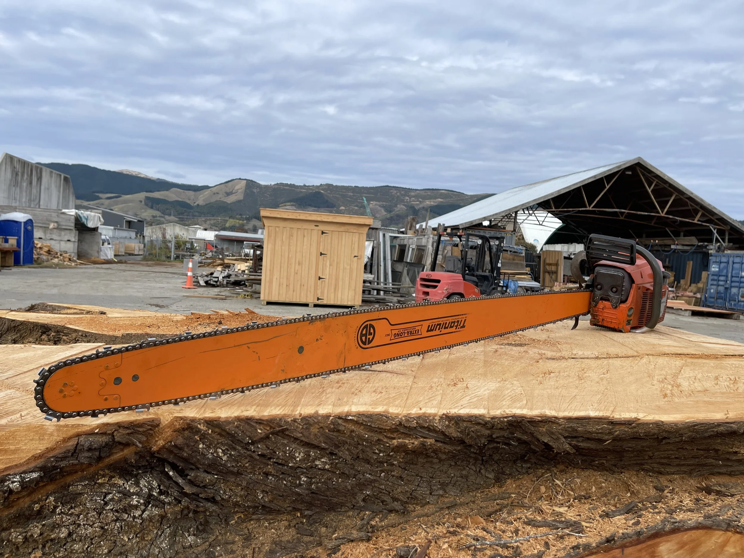 A big saw for the big jobs.
A lot of the big Macrocarpa and Redwood  logs are too heavy to transport in one piece,