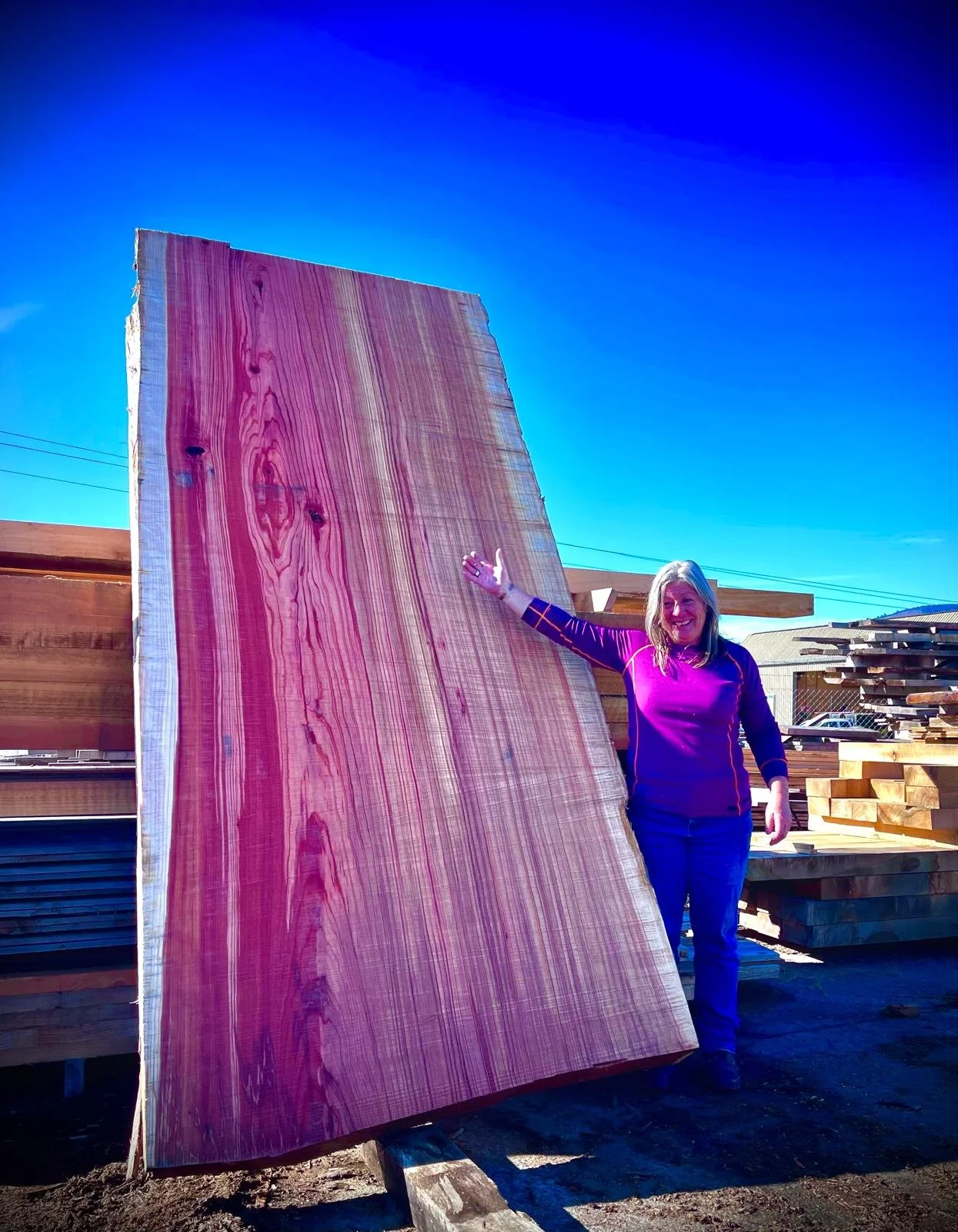 Redwood NZ grown. We are now cutting our big table tops.  This is the first of 4 wide ones. 1.42m wide   3.1 m long 120 to 150mm thick Thickness variance is due to the freehand cut from halving the log. Take this top away for $1600.