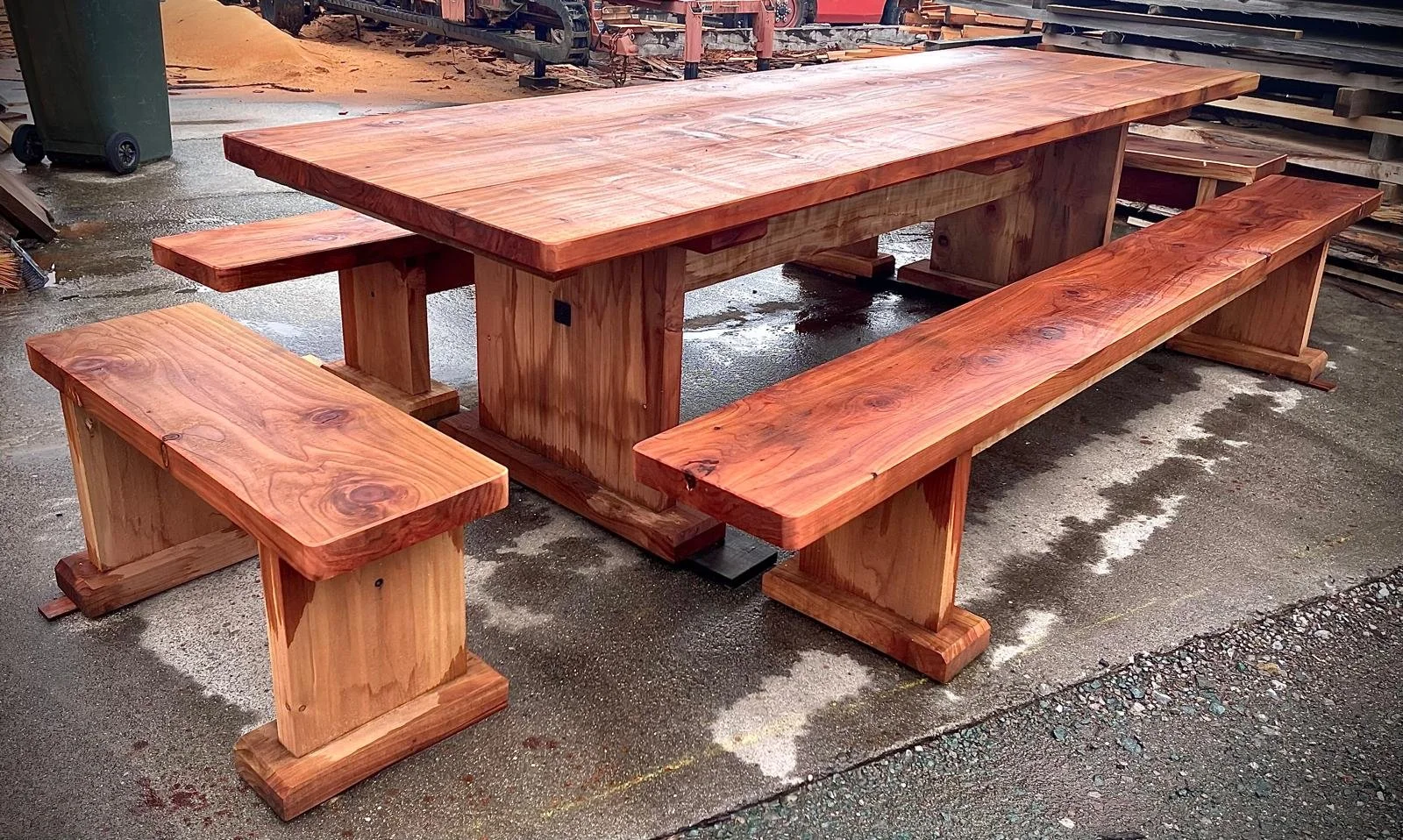 FOR SALE: Redwood table seat large.
4 benches. Seats 16
Table: 3m long by 99cm wide. Wood is 55mm thick. Made locally with locally grown redwood. $2200