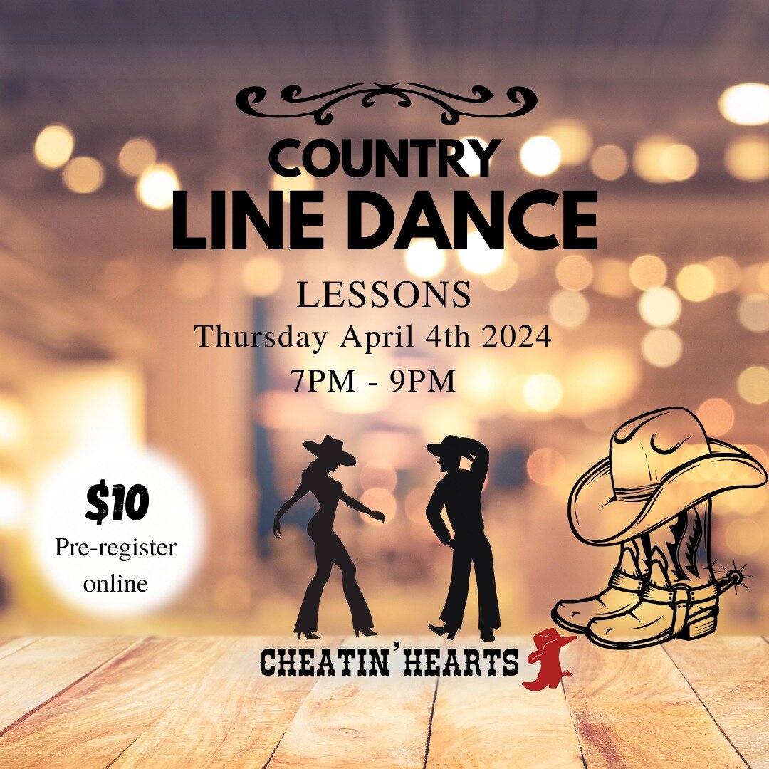 Get ready to kick up your boots and twirl into spring with our country line dancing lessons night on April 4th, hosted by us: Cheatin' Hearts! 💃🕺 Pre-register online for just $10 and join us at the Claremont Legion from 7-9pm. It's gonna be a boot-