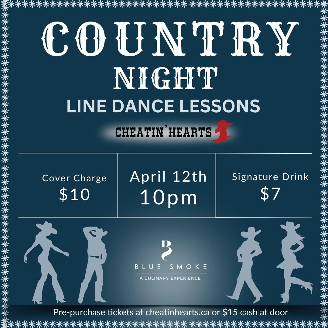Visit us at Blue Smoke Restaurant on April 12th for line dancing lessons! Let's saddle up and stomp our boots! We will break down the moves step by step! Whether you're a seasoned pro or a beginner, come join the fun as we teach a variety of line dan