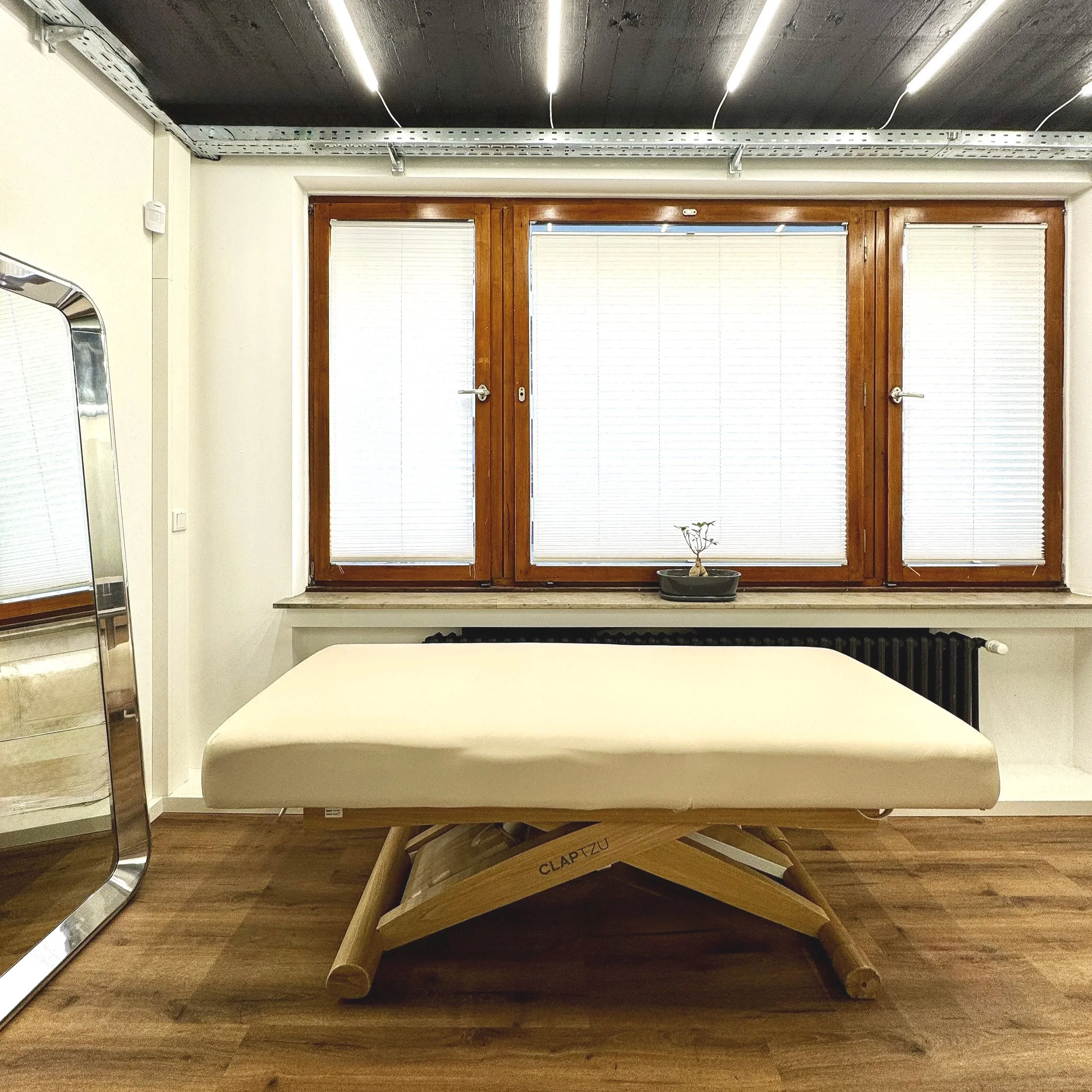 Kosmetik Kabine für Beauty Professionals. Champagner farbende Jalousien, Grosses Fenster, doppelte Verglasung, sehr ruhig und warm, mit Wasseranschluss.
Ideal für Behandlungen wie Massagen, Fineline Tattoos und weitere Treatments – ruhig, klar und au