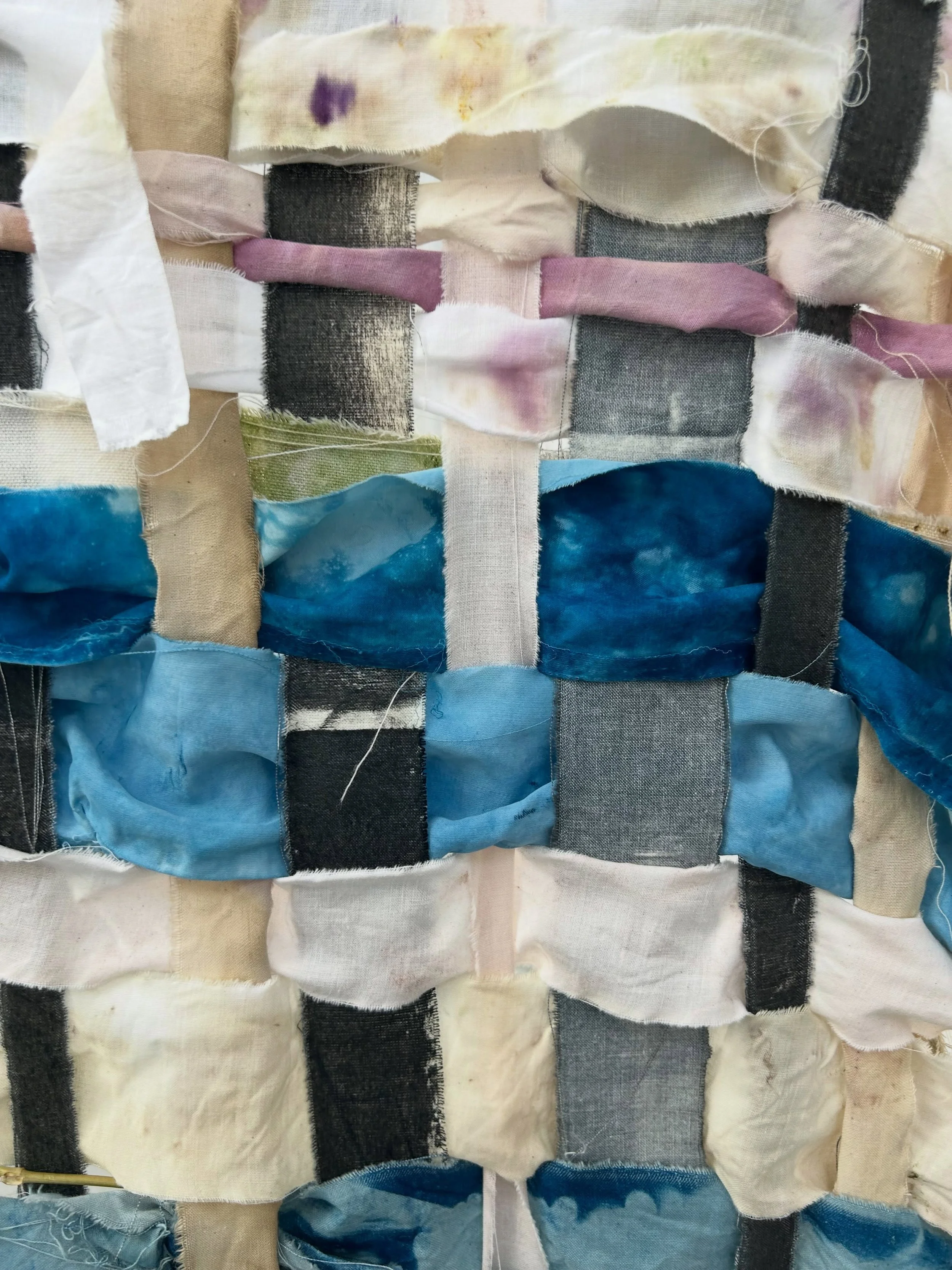 Rooted Routes - MA Arts and Learning Degree Show  naturally dyed fabrics from walks in Austria, Bermuda and England woven together to create a sense of belonging #artist #artwork #weaving #walking #maal