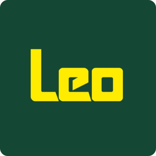 Logotipo com a palavra "Leo" em amarelo sobre fundo verde escuro.