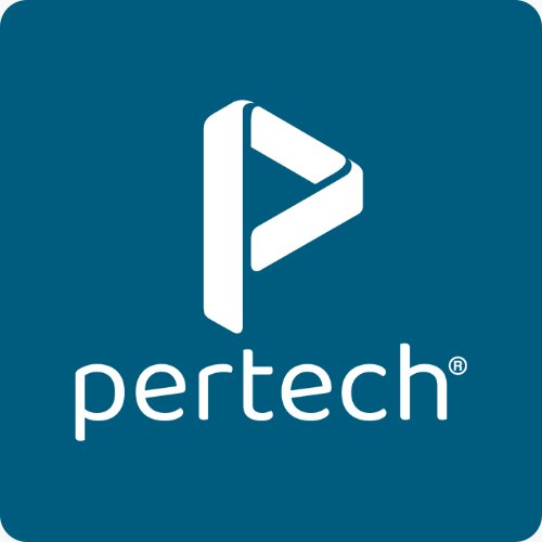 Logotipo da Pertech em fundo azul com letra estilizada "P" em branco.