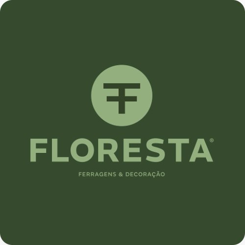 Logo da "Floresta Ferragens & Decoração" em um fundo verde escuro com símbolo estilizado."