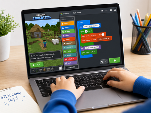 Kids learning coding and game design at RoboLab summer camp