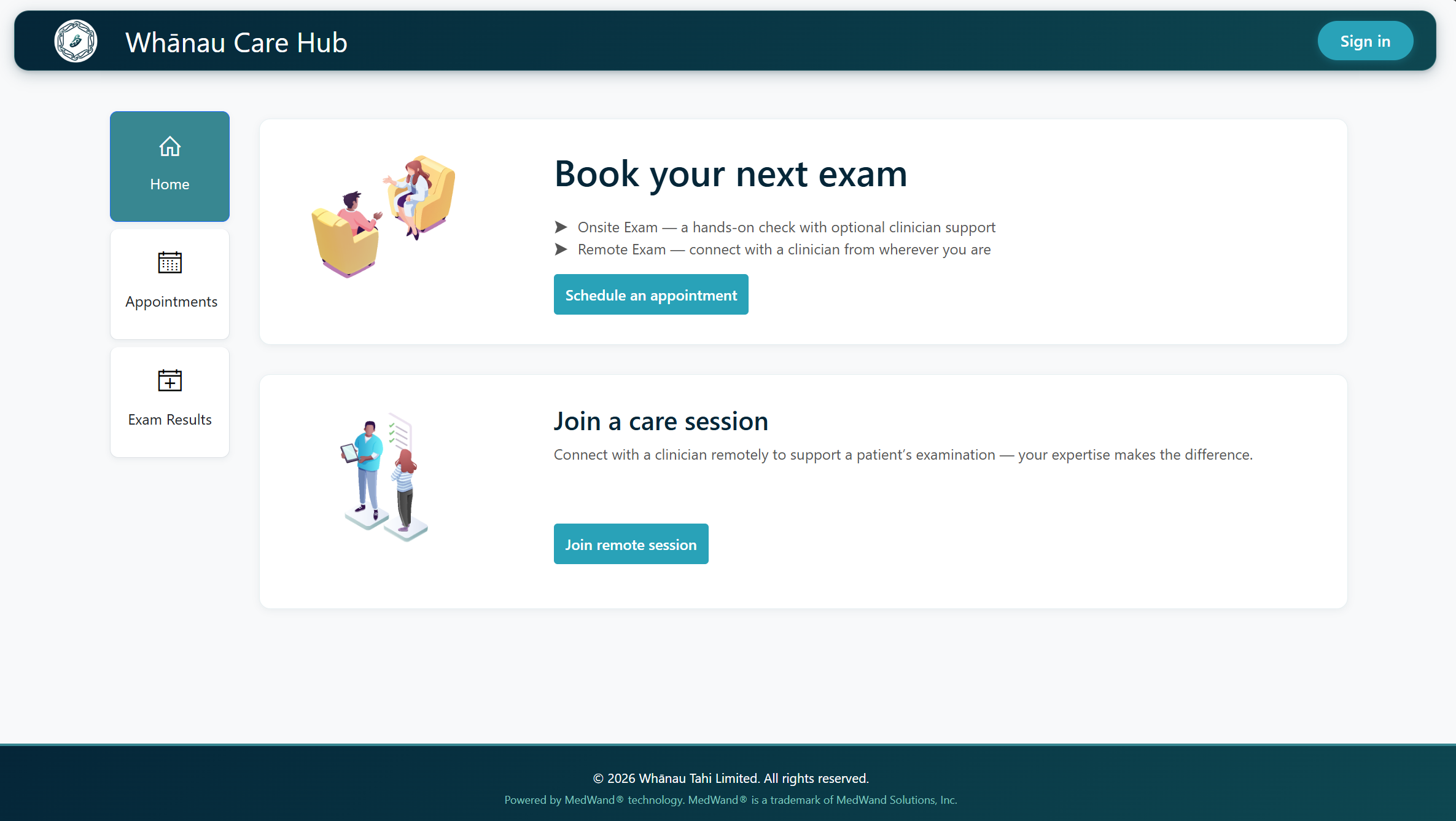 Whānau Care Hub home screen showing book your next exam and join a care session