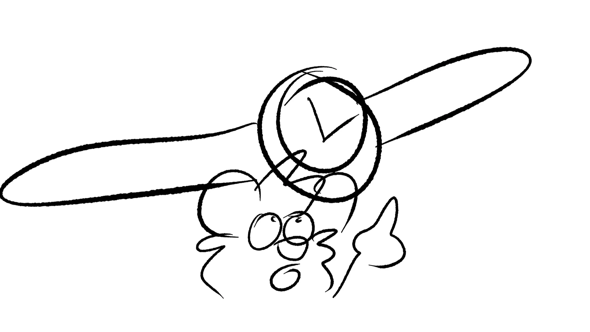 Line drawing of a helicopter carrying a person, with a trail of smoke and clouds below.