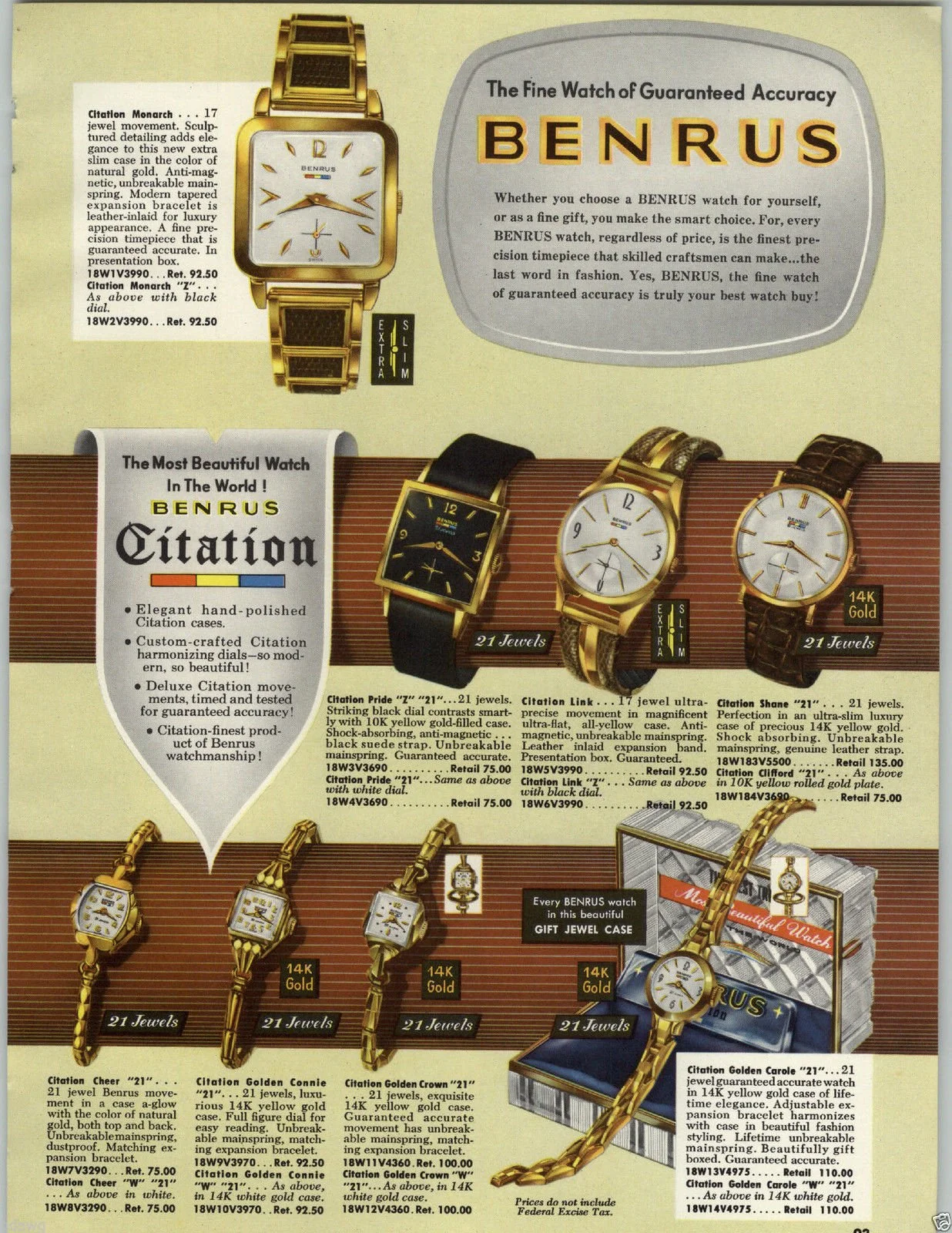 A vintage advertisement showcasing various Benrus watches, including a gold rectangular watch, a black leather strap watch, a white dial with gold case, and a gold watch with a leather strap, along with descriptions of their features and prices.