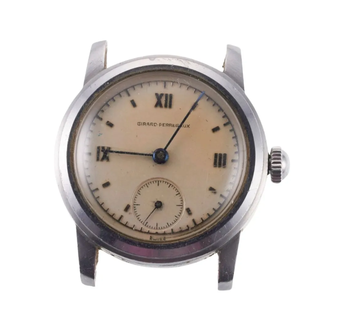 Vintage Girard-Perregaux wristwatch with beige dial, black hour markers including Roman numerals, and subdial at 6 o'clock.