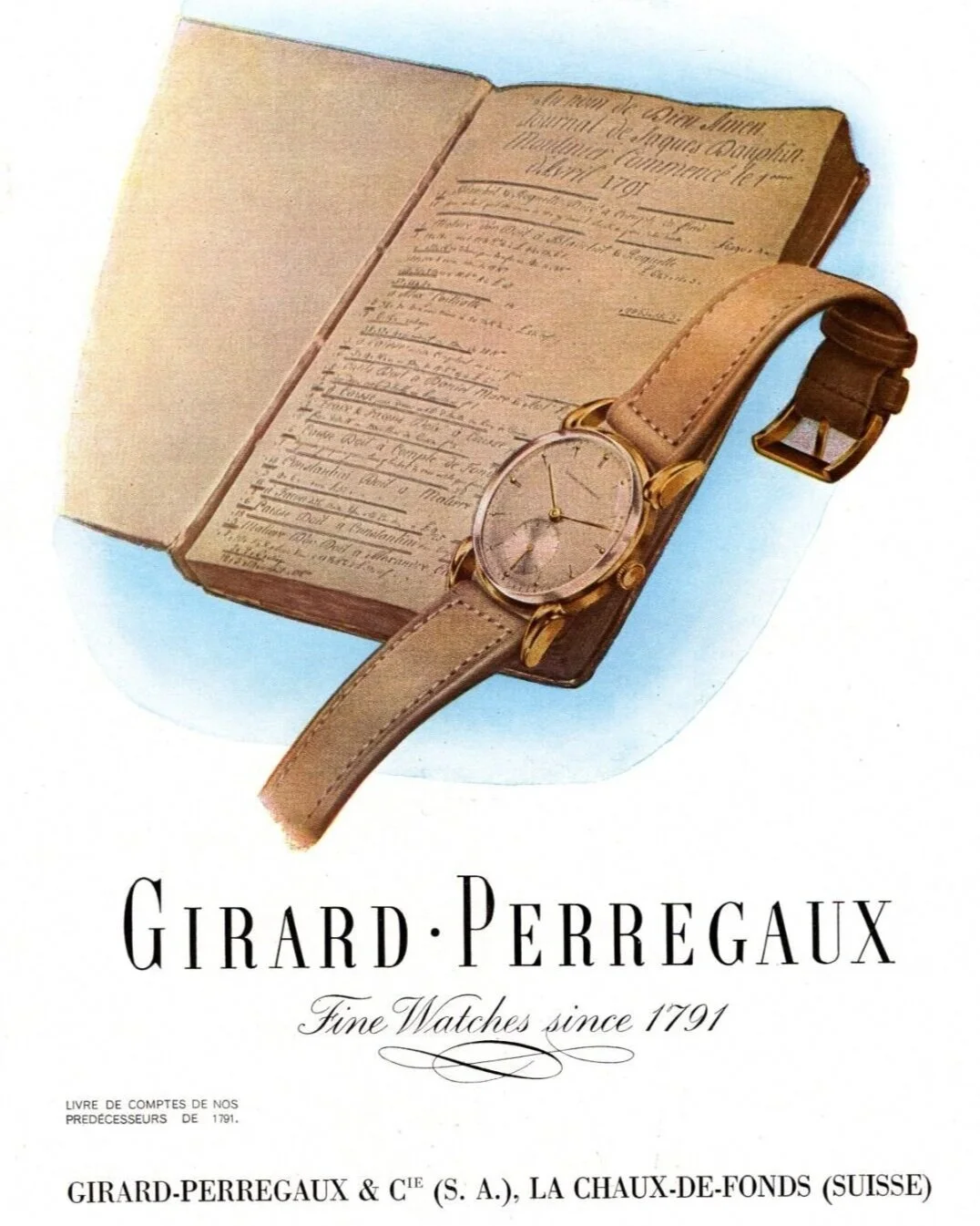 A vintage Girard-Perregaux watch with a leather strap in front of an old handwritten document, advertisement for Girard-Perregaux fine watches since 1791.