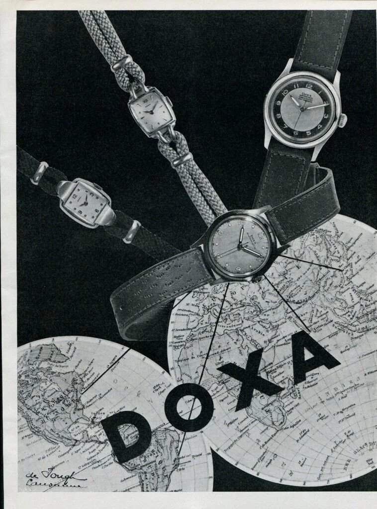 Four vintage wristwatches are displayed on a black background with two overlapping world map prints and the letters 'D O X A' printed across them.