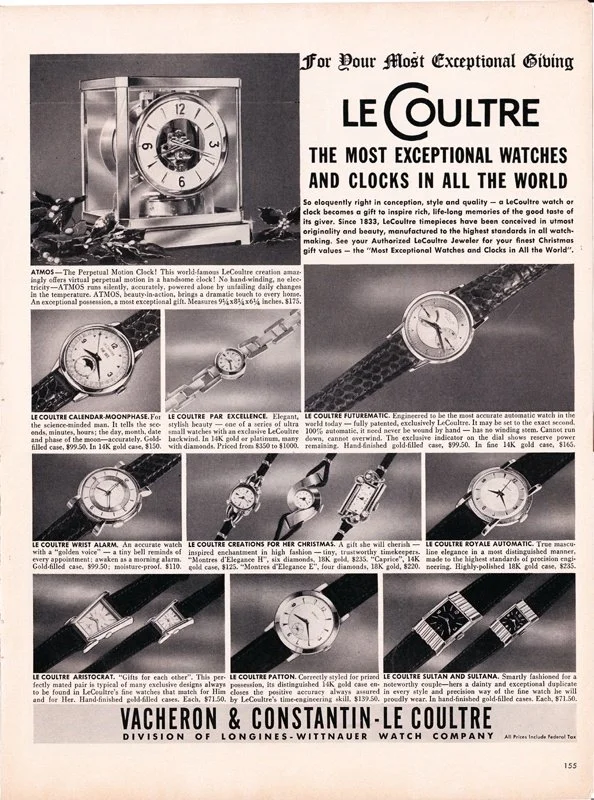 Black and white advertisement showing various luxury watches and clocks designed by Le Coultre, a division of Vacheron & Constantin-Le Coultre, featuring images and descriptions of different watch models.