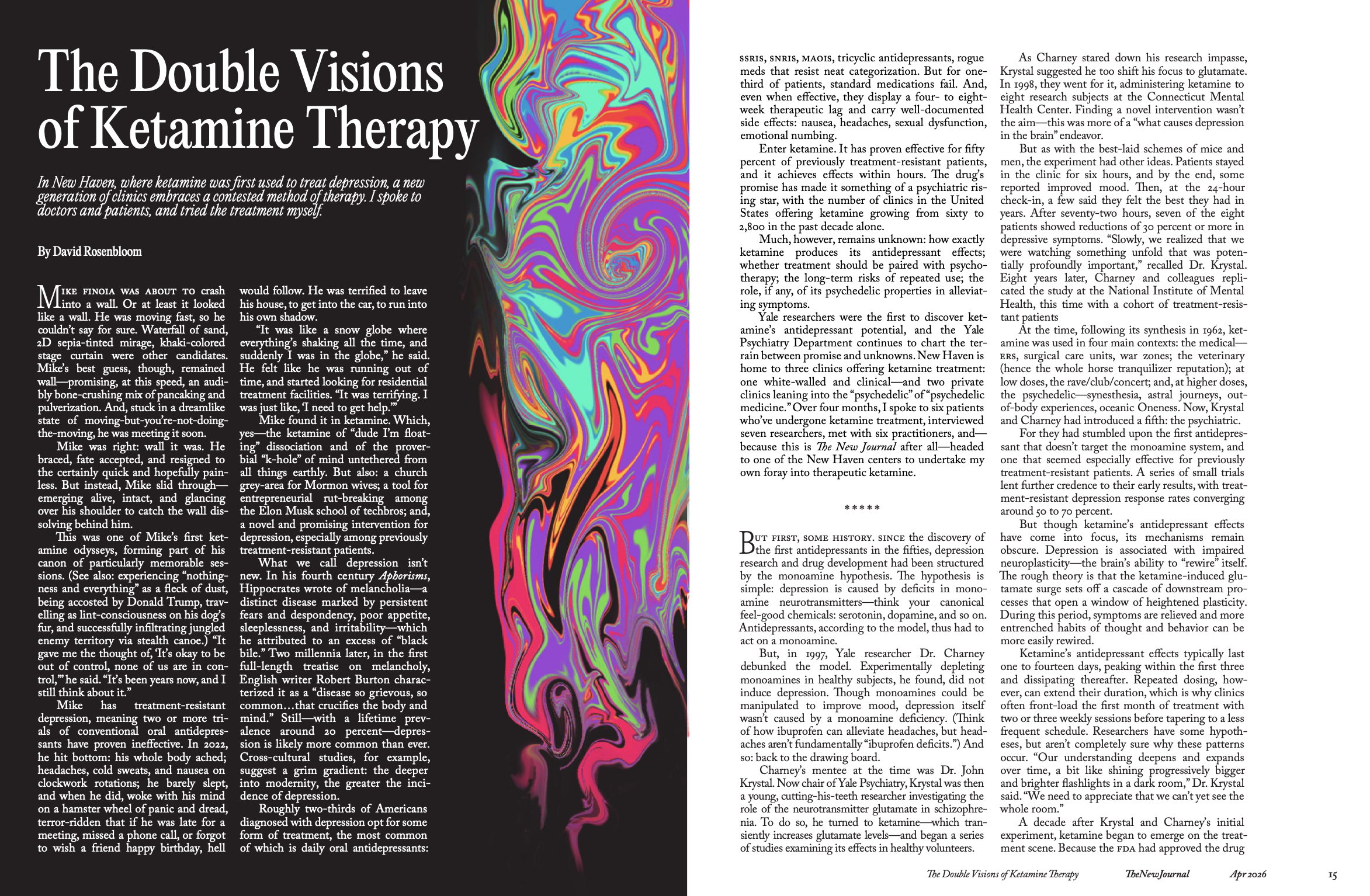 "The Double Visions of Ketamine Therapy," spread, The New Journal, April 2026