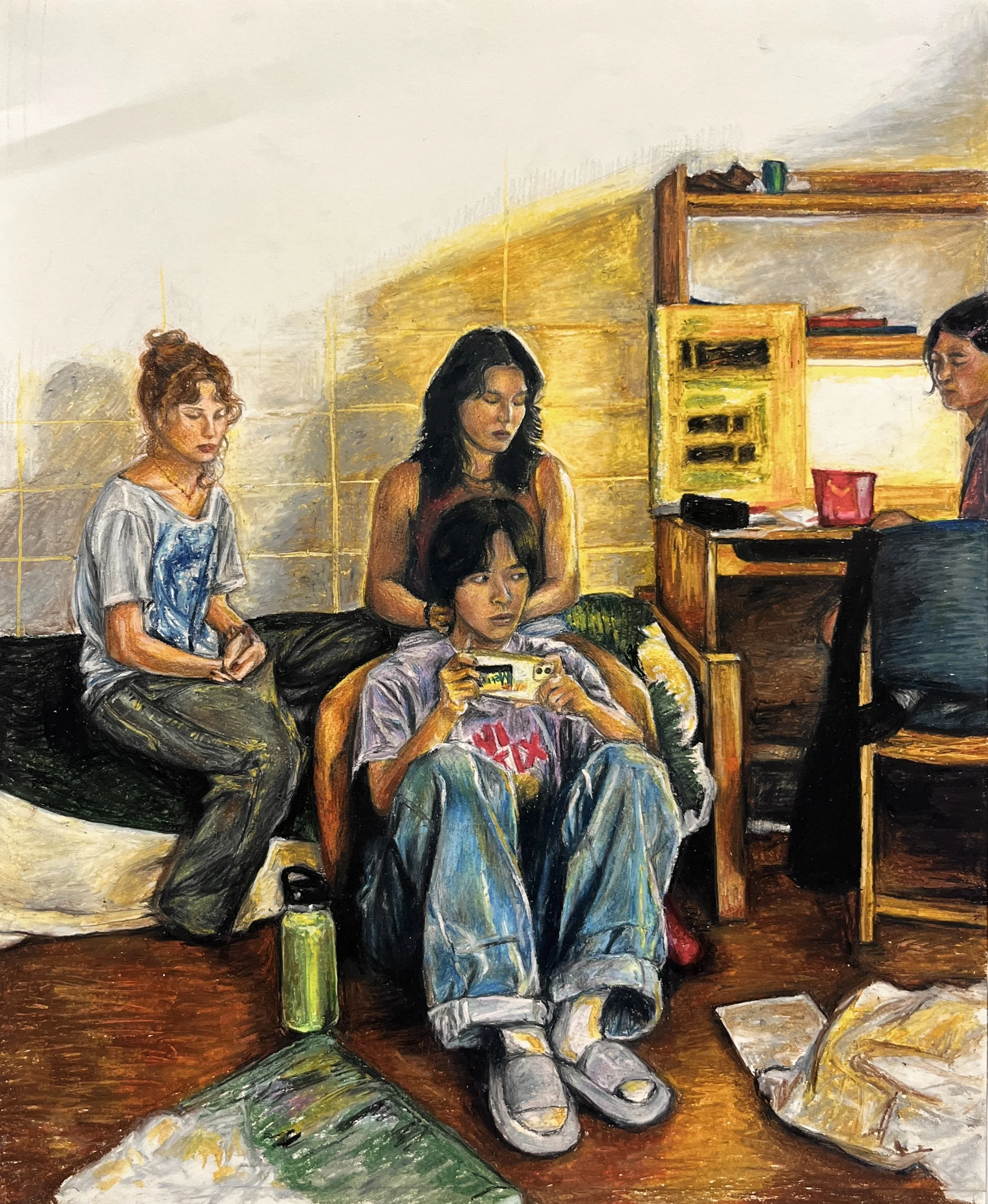 "Dorm," colored pencil and oil pastel on paper, 2026