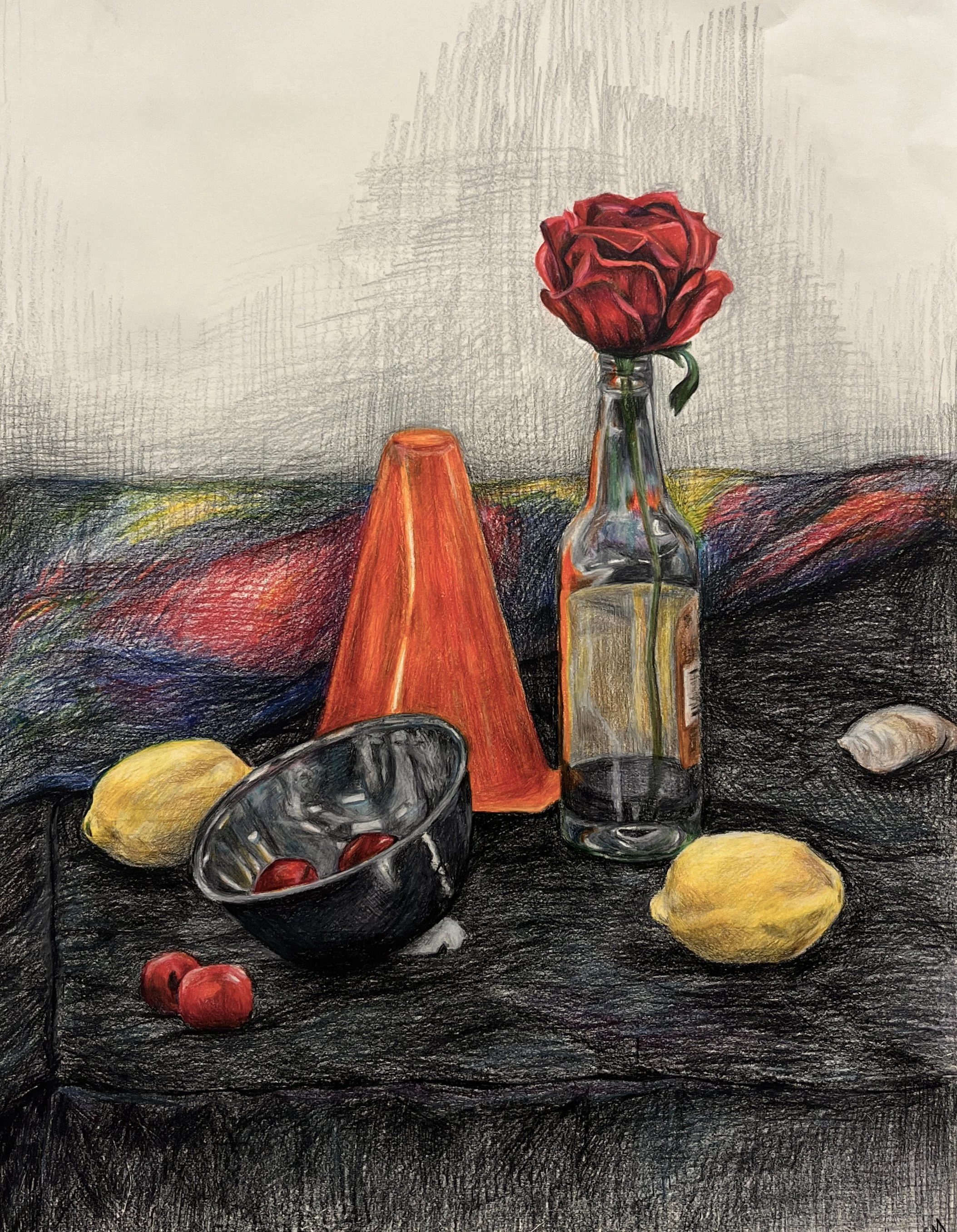 "Still Life," colored pencil on paper, 2026