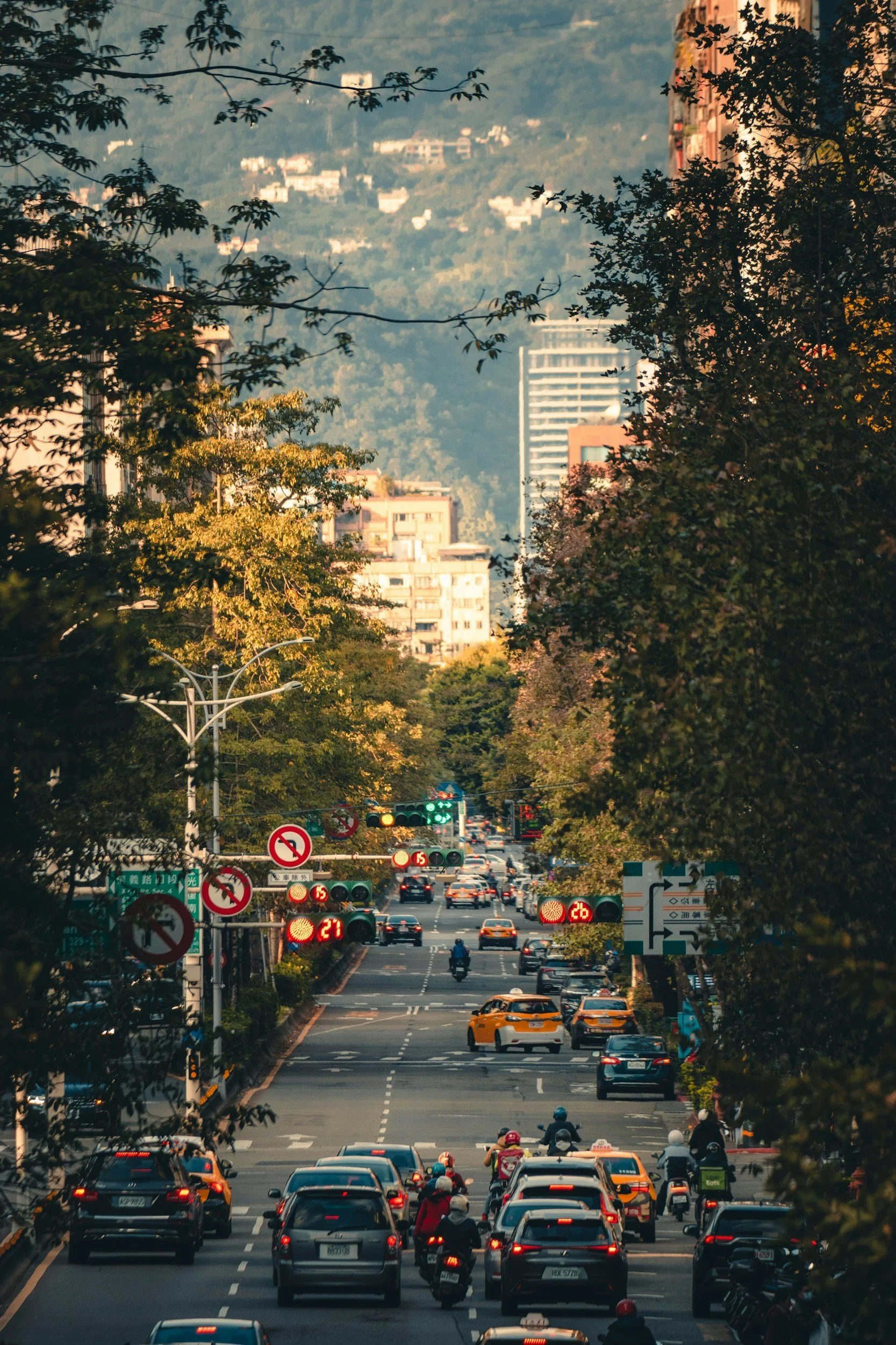 City street with cars and motorcycles, traffic lights, trees lining the road, high-rise buildings in the background, and traffic signals showing red and green lights.