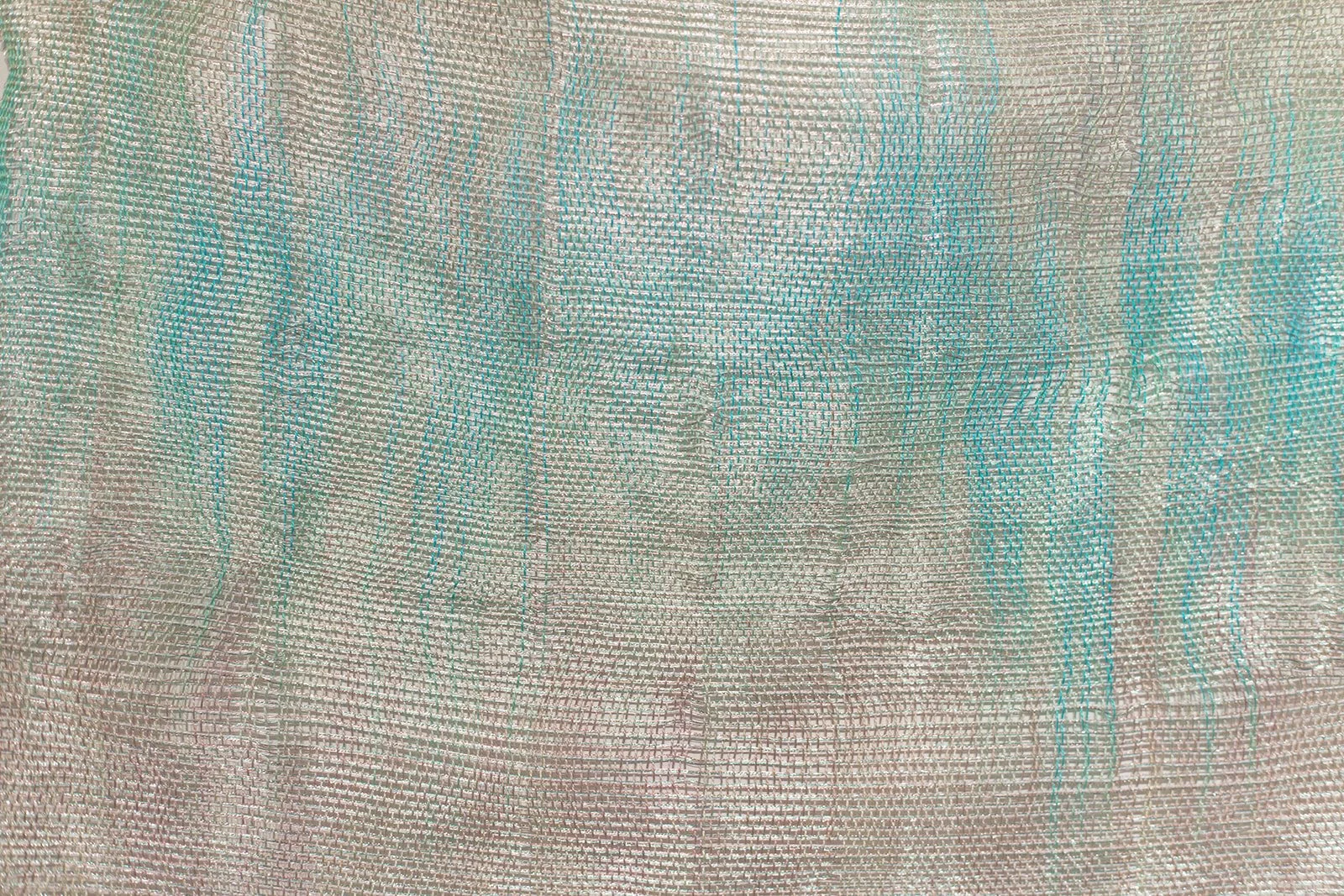 the blue stone, detail, mixed fibers, handwoven warp painted ondulé weave, 2025 $800
