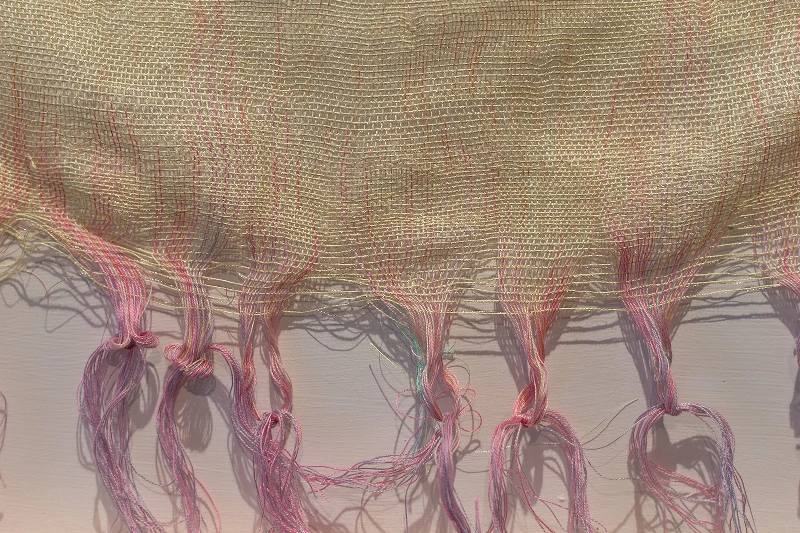 where the prickly pear grow, detail, mixed fibers, handwoven warp painted ondulé weave,18x14x3” 2025 
$600
