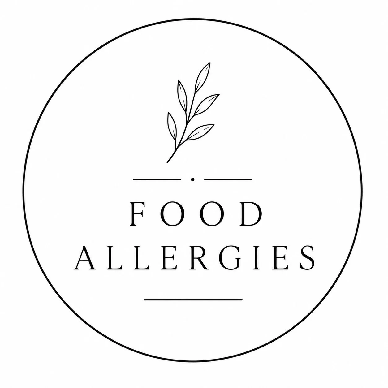 A circular logo with a thin black border, featuring a simple black outline of a leafy branch at the top. Inside, the words "Food Allergies" are centered with "Food" above "Allergies," separated by two horizontal lines.