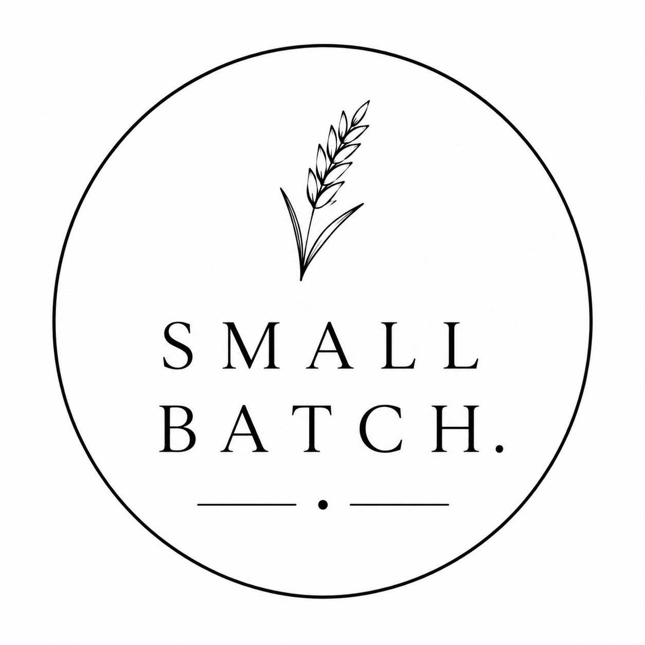 A circular logo with a wheat stalk at the top and the words "Small Batch" in black serif font inside, with a small dot below the text.