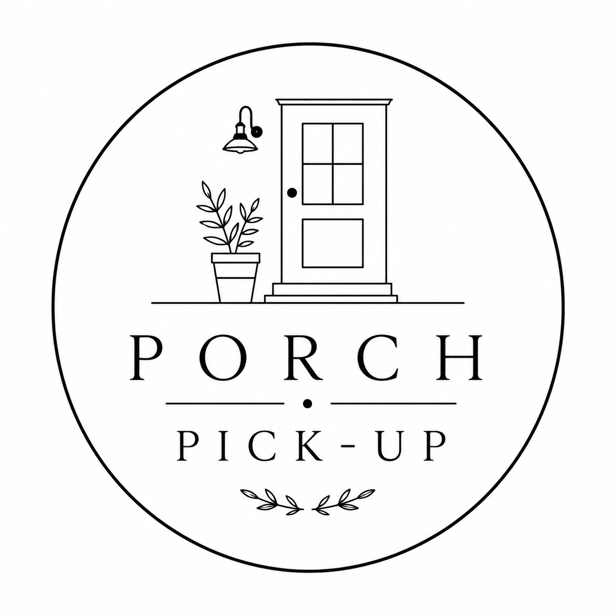 A minimalist black and white logo featuring a porch door, potted plant, outdoor light, and the text "Porch Pick-Up" with decorative accents.