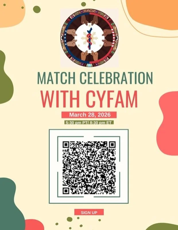 Join CYFAM on 3/28 to celebrate our newly Matched members! If you are matching this year, please fill out the form, as we would like to celebrate all the hard work you have done. March 28, 2026 5:30 pm PT/8:30 pm ET. Fill out the link below to stay i