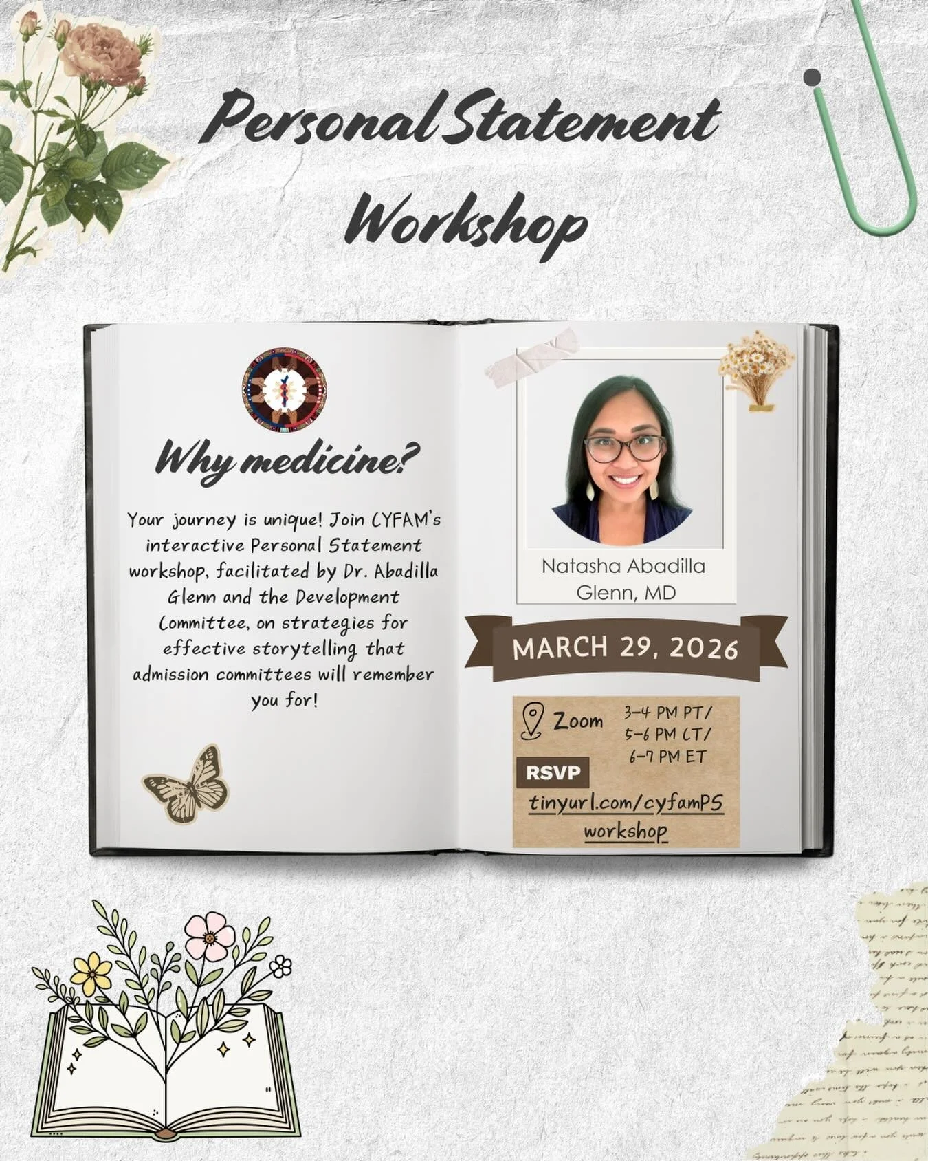 👀 Planning on writing your personal statement for medical school applications soon?
‼️CYFAM is hosting a personal statement workshop facilitated by Dr. Natasha Abadilla Glenn and the CYFAM Development Committee! Come learn how to effectively convey 