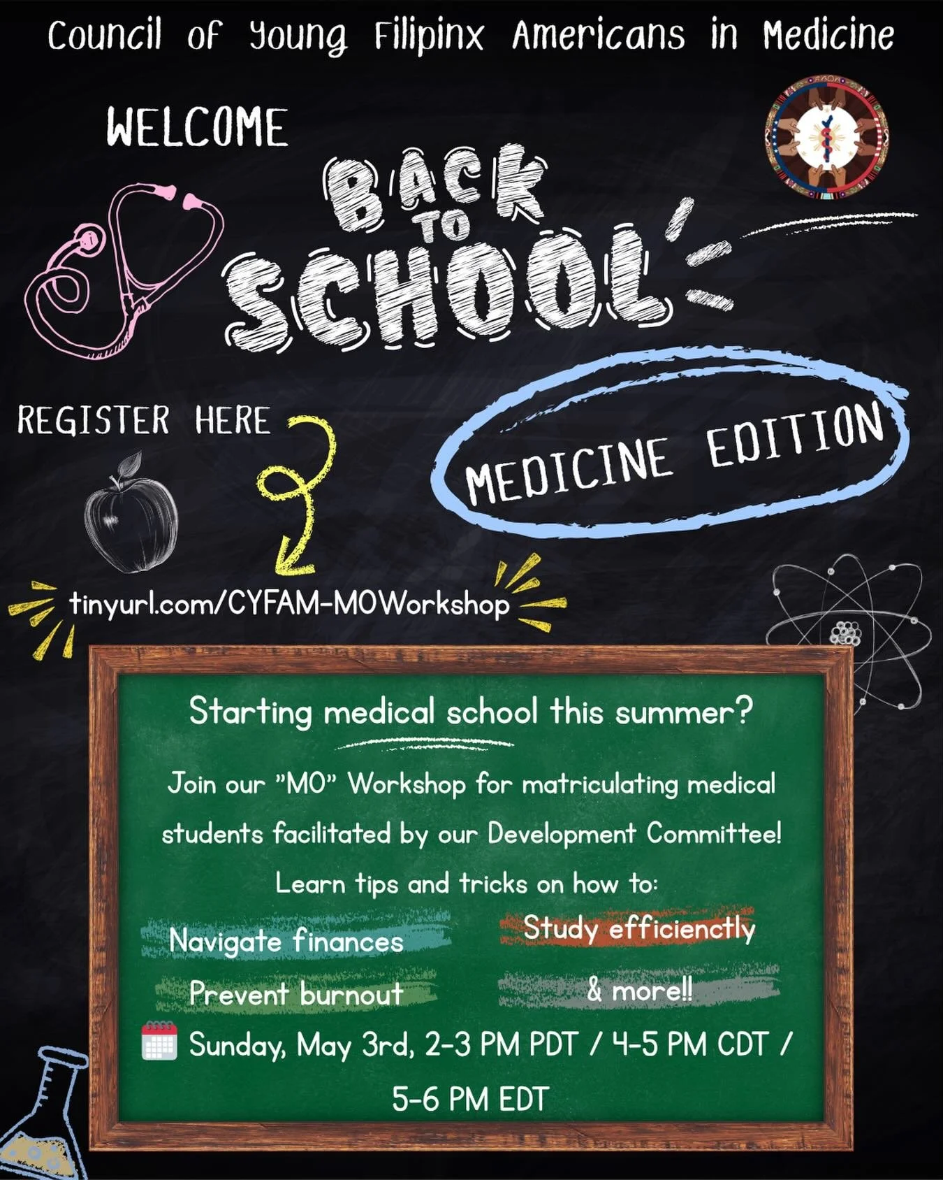 Starting medical school this summer? Still don't know what to expect?

Join our "M0" Workshop for matriculating medical students facilitated by the CYFAM Development Committee! Learn tips and tricks on how to navigate finances, studying, ex