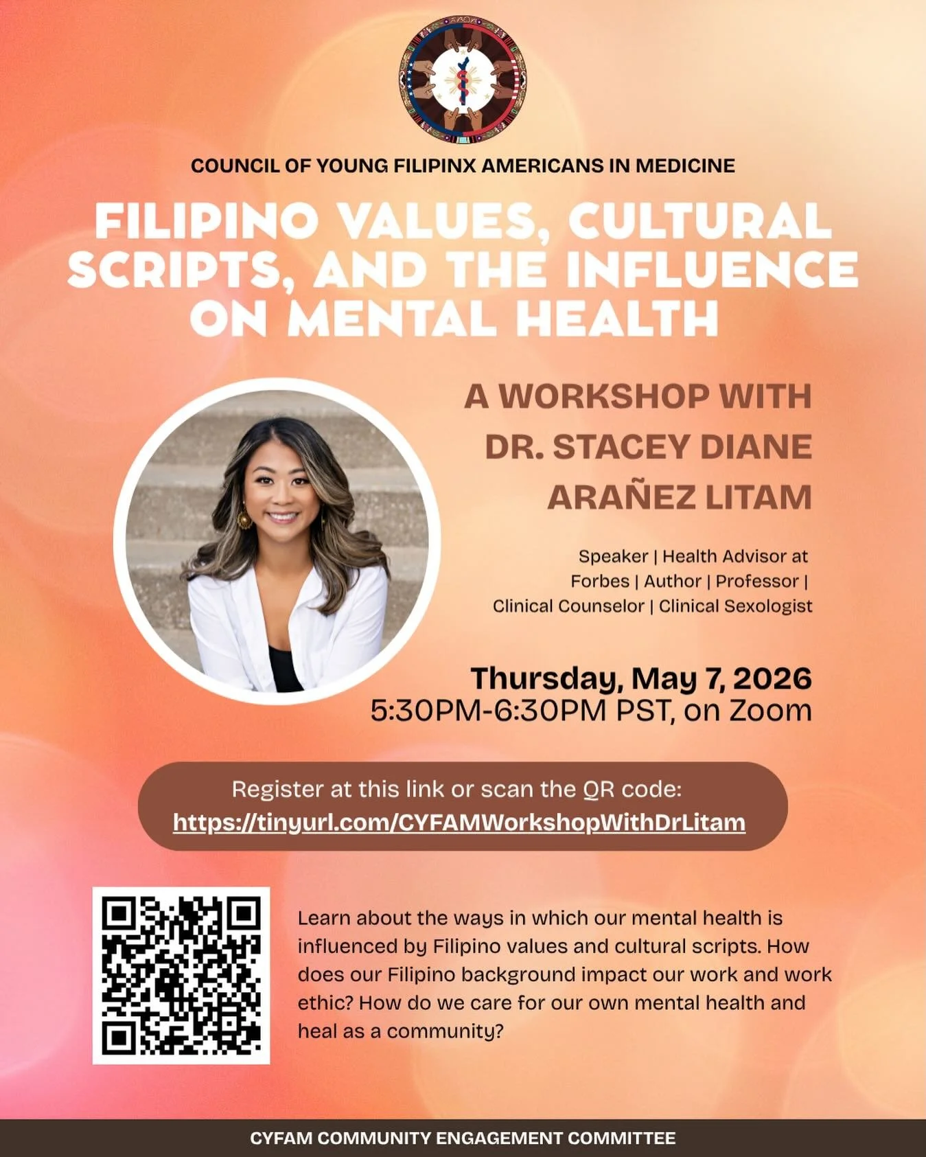 Join CYFAM as we observe Mental Health Awareness Month and Asian American and Pacific Islander (AAPI) Heritage Month this upcoming May!

🌟 In this workshop, Dr. Stacy Diane Ara&ntilde;ez Litam will discuss Filipino values and cultural scripts, and t
