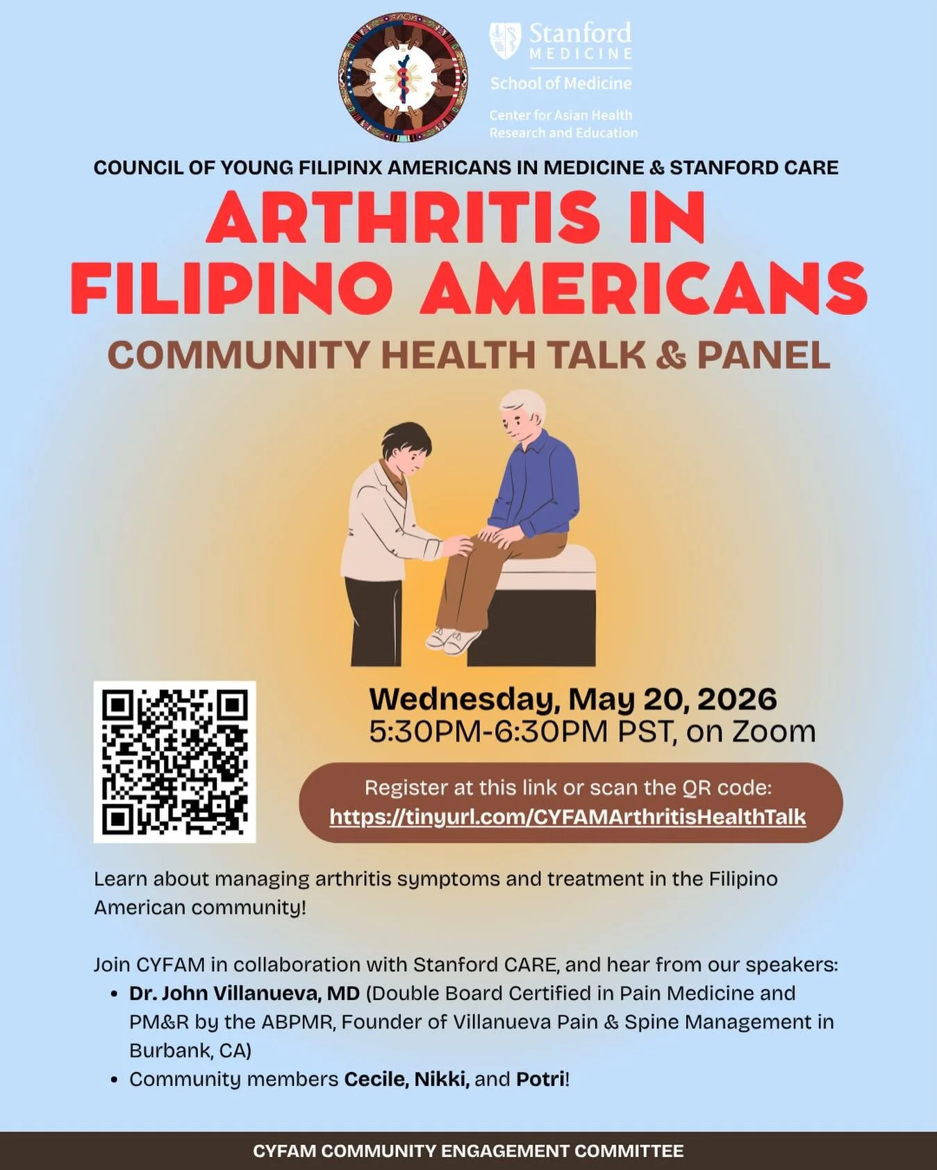 Updated flyer! 

Arthritis is a chronic condition that is increasing in prevalence among Filipino Americans. Please join us for an informative event highlighting this important health issue. Expert physician Dr. John Villanueva, MD will lead a though