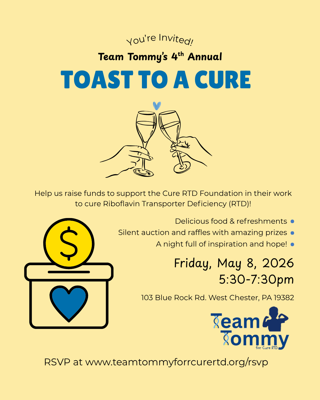 Invitation flyer for Team Tommy's 4th Annual 'Toast to a Cure' event with illustrations of two champagne glasses being clinked, a donation box with a heart symbol, and details about the event on May 8, 2026, including location, time, and activities for supporting the Cure RTD Foundation.